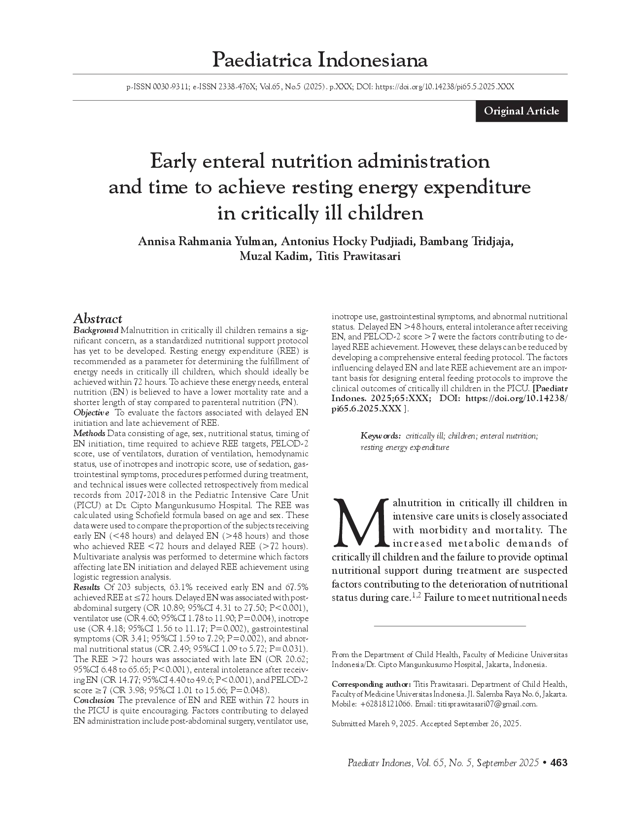 juris Early enteral nutrition administration and time to achieve resting energy expenditure in critically ill children