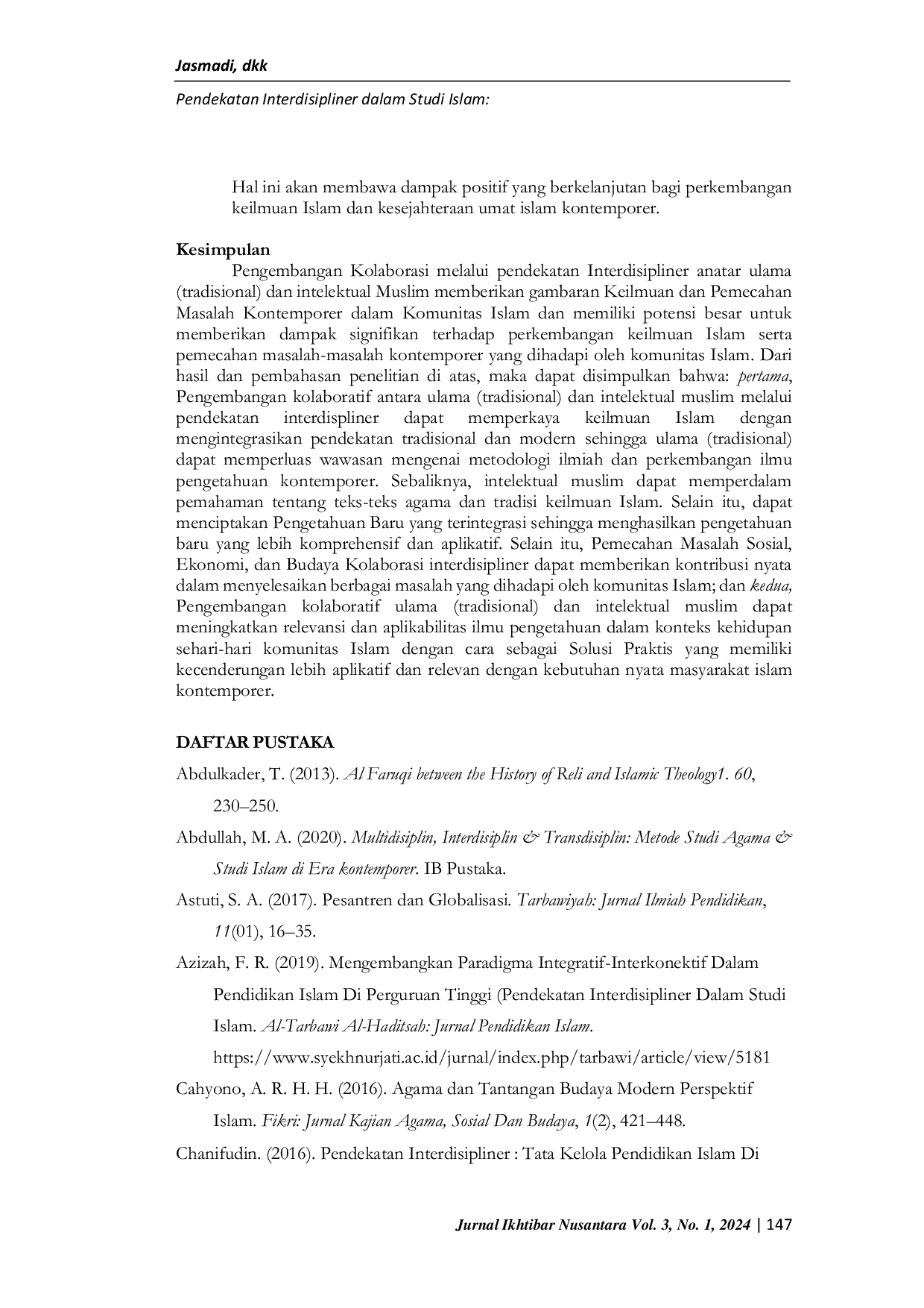 JURIS Pendekatan Interdisipliner dalam Studi Islam Kontemporer Pengembangan Kolaborasi antara Ulama dan Intelektual Muslim