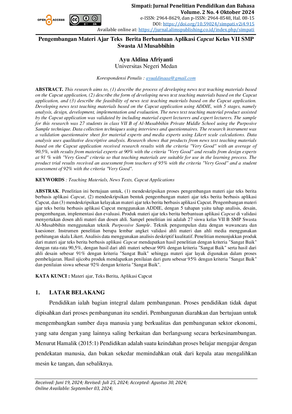 JURIS Pengembangan Materi Ajar Teks Berita Berbantuan Aplikasi Capcut Kelas VII SMP Swasta Al Musabbihin