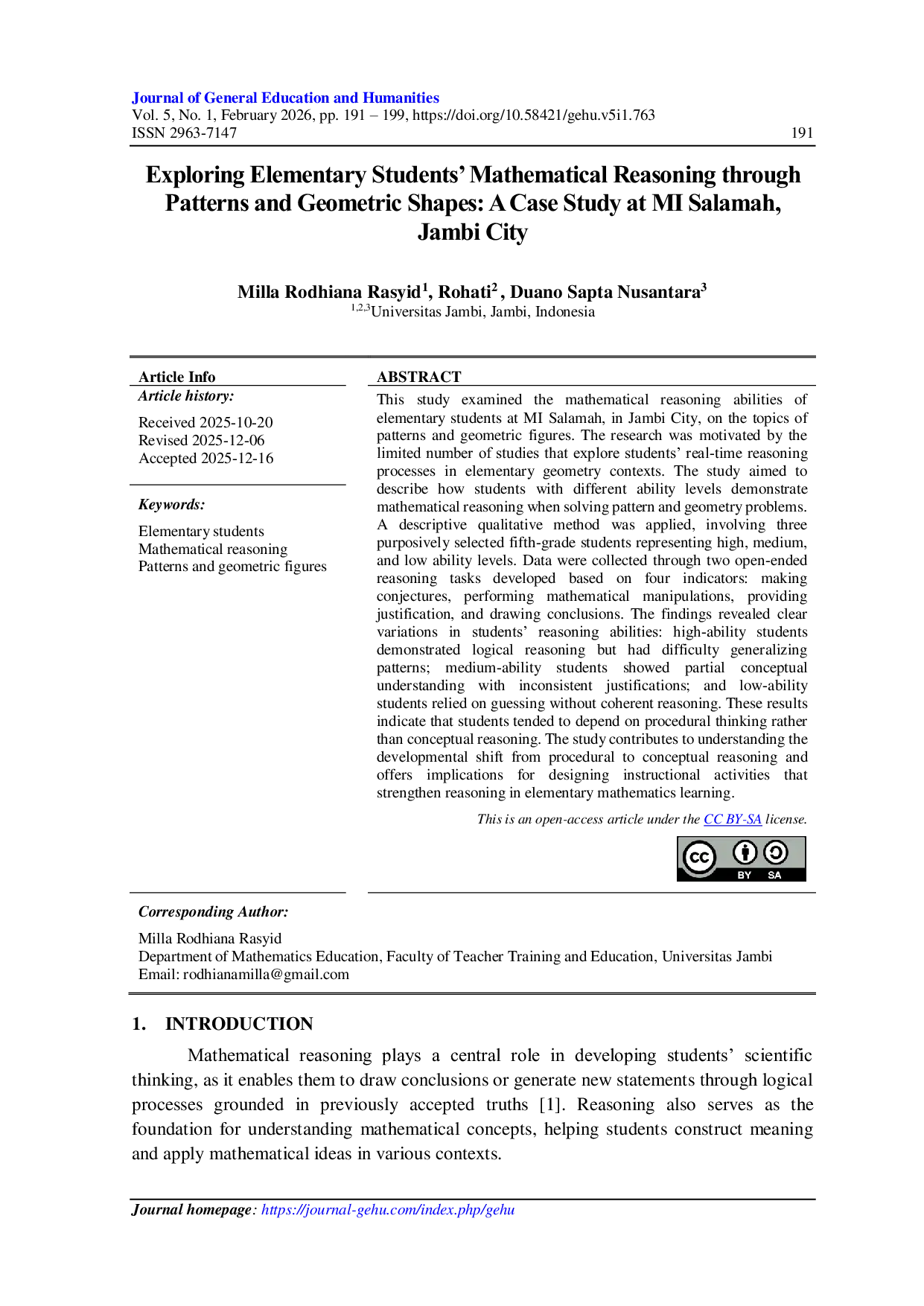 JURIS Exploring Elementary Students Mathematical Reasoning Through Patterns and Geometric Shapes A Case Study at MI Salamah Jambi City