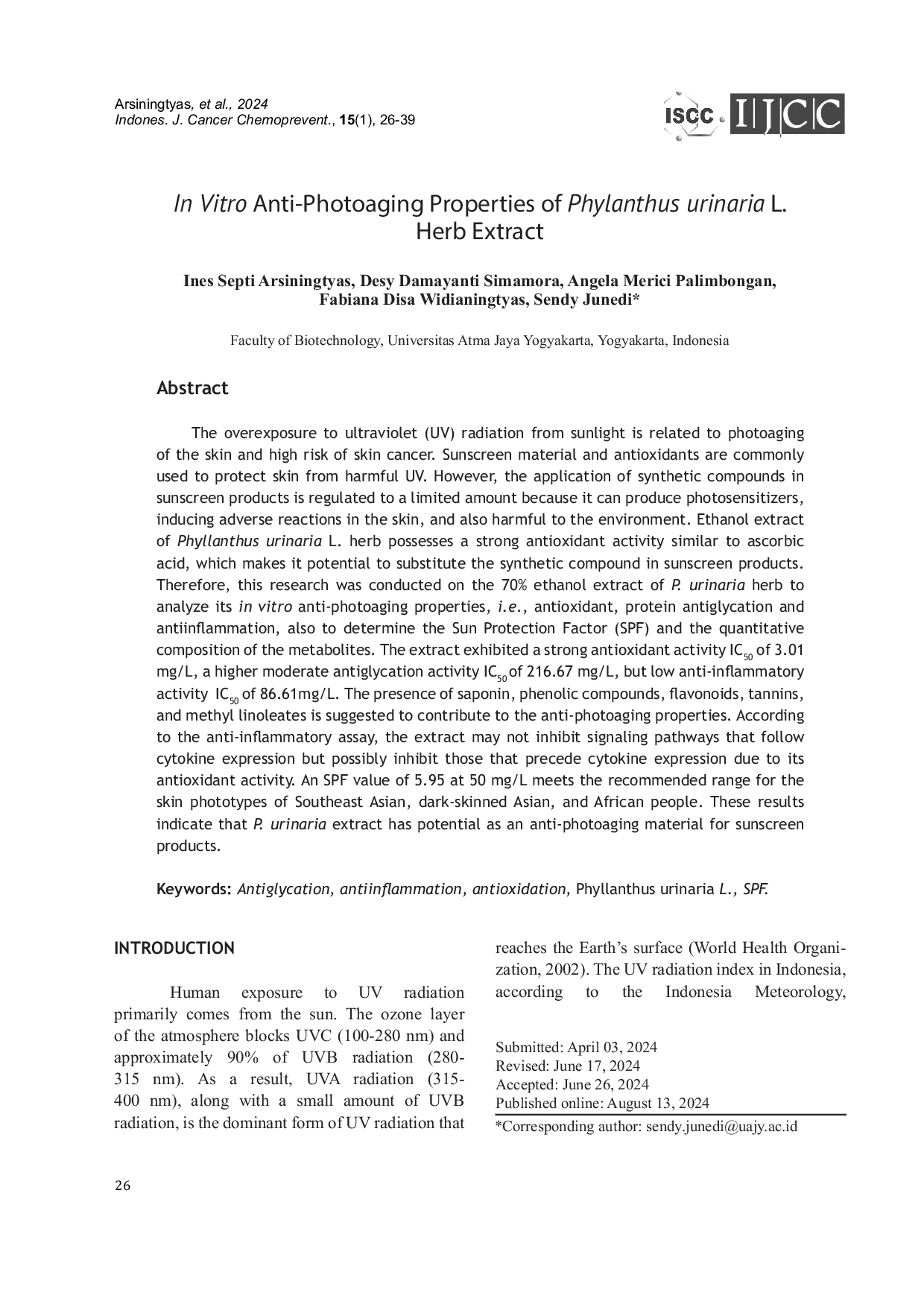 JURIS In Vitro Anti Photoaging Properties of Phylanthus urinaria L Herb Extract