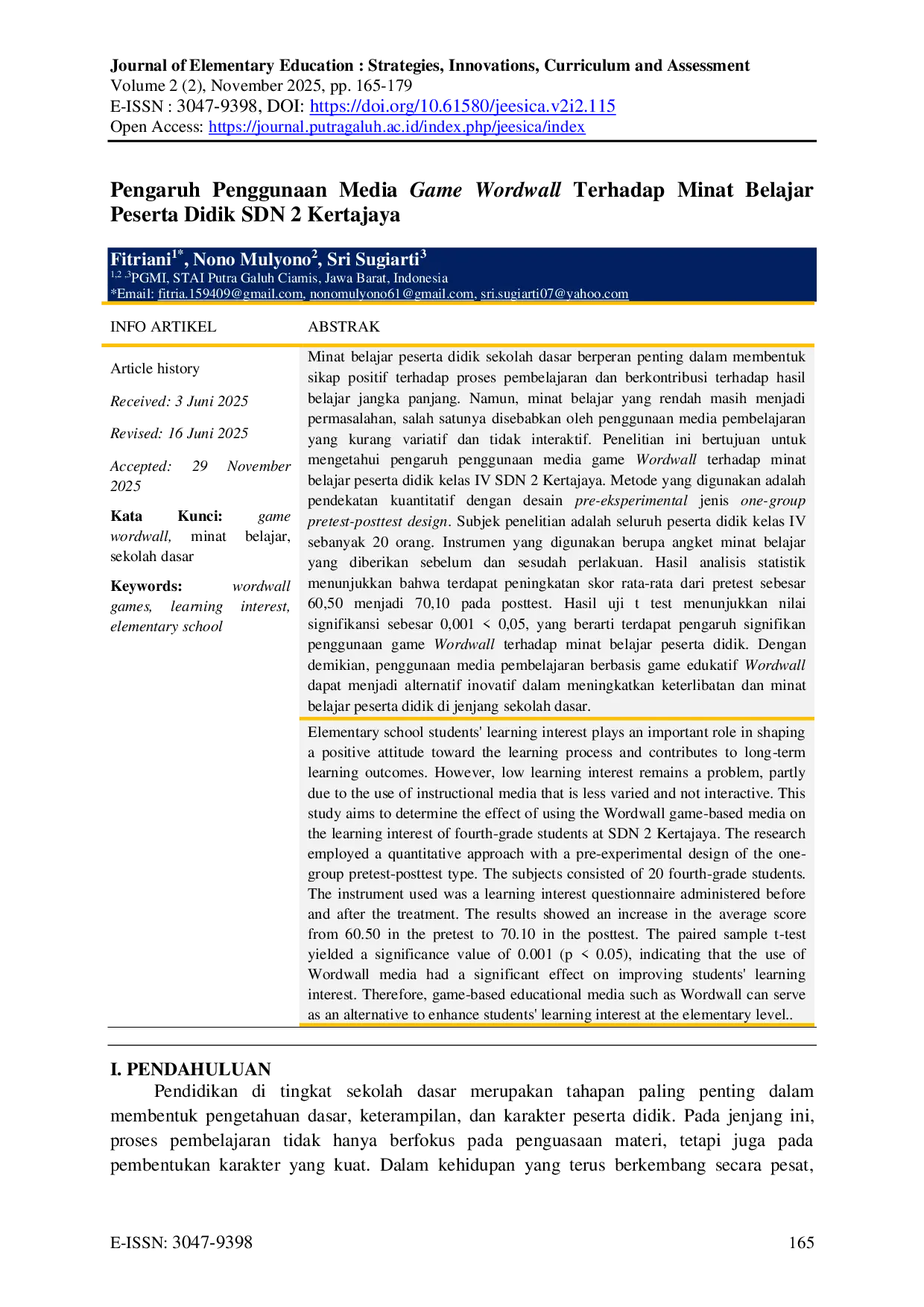 JURIS Pengaruh Penggunaan Media Game Wordwall Terhadap Minat Belajar Peserta Didik SDN 2 Kertajaya