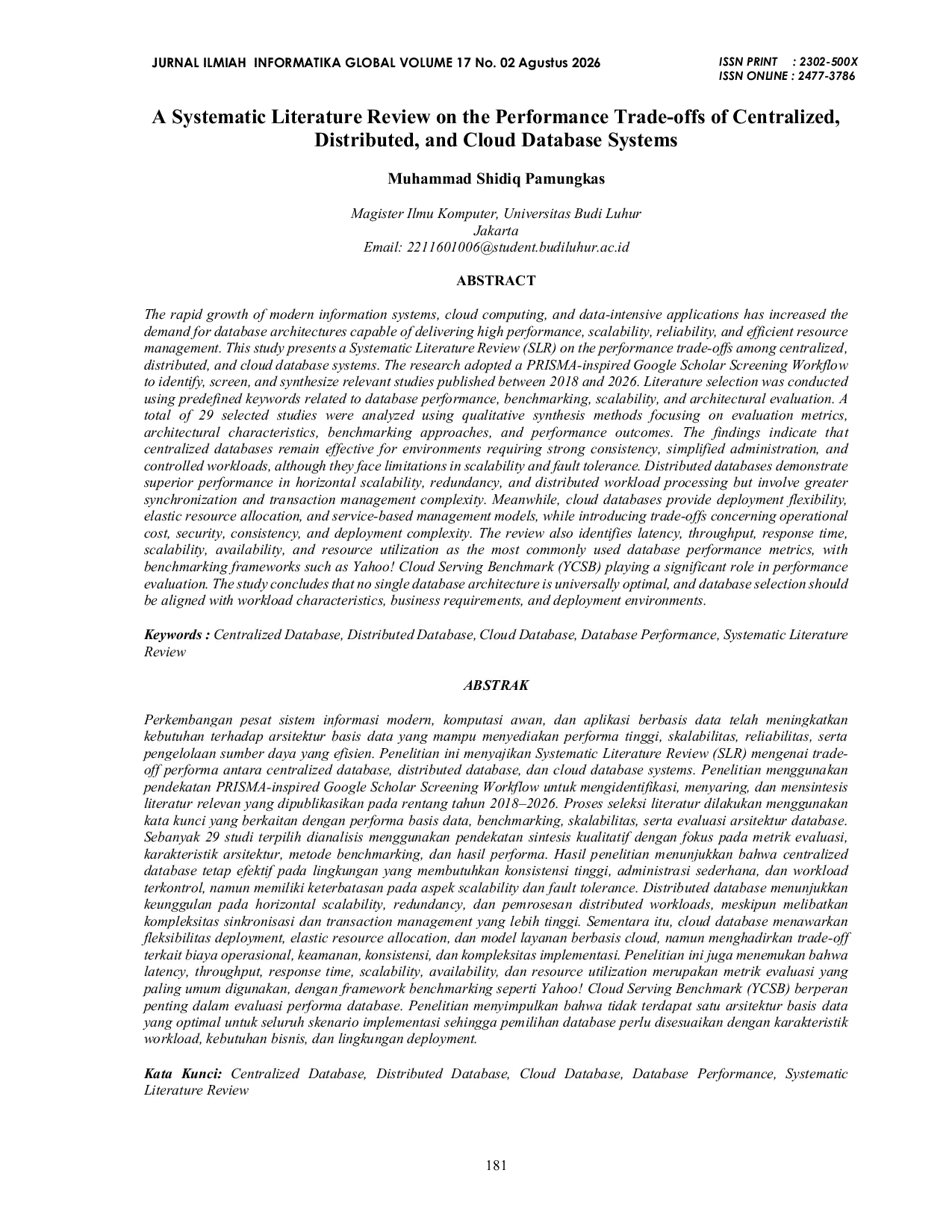 JURIS A Systematic Literature Review on the Performance Trade offs of Centralized Distributed and Cloud Database Systems