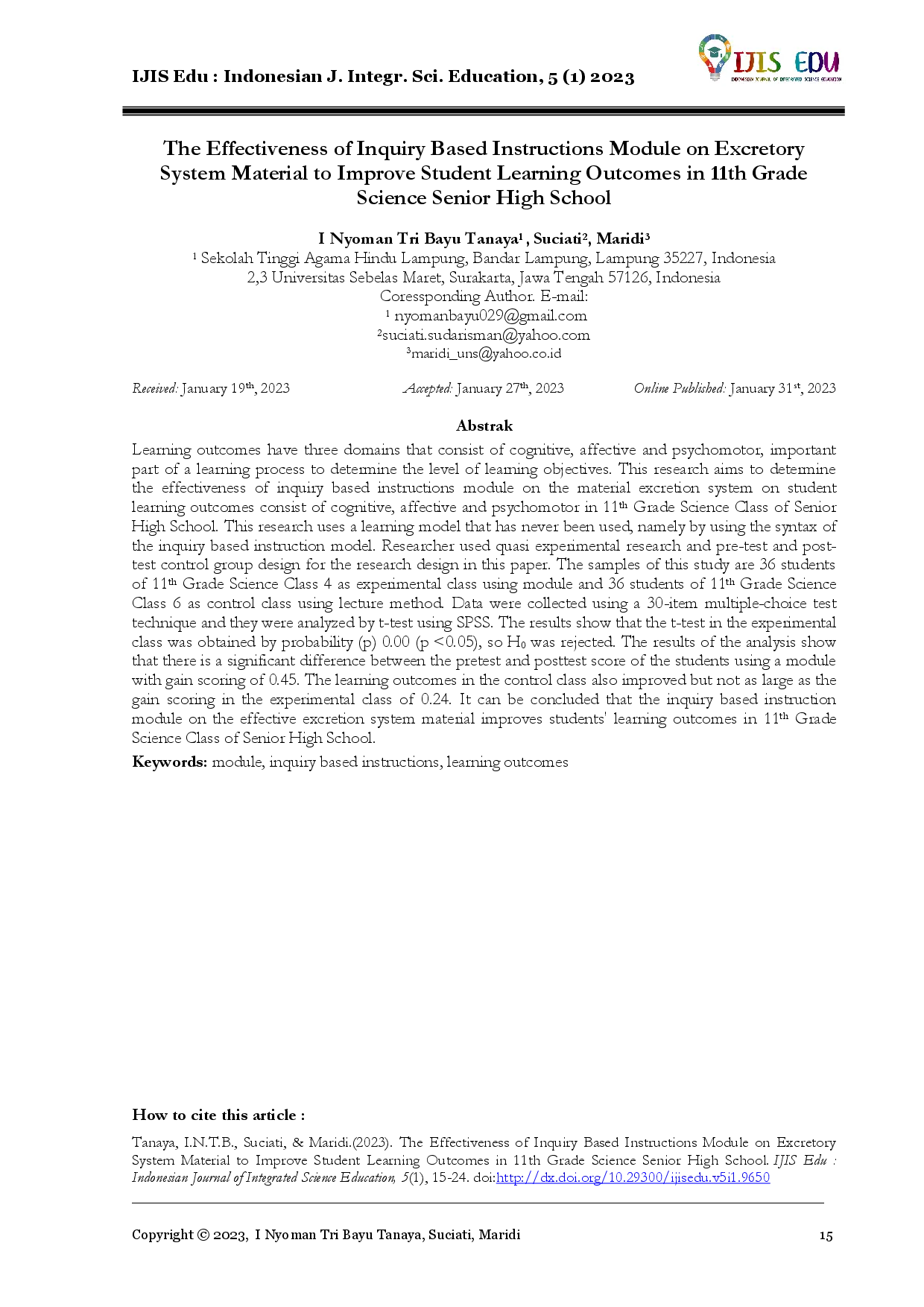 juris The Effectiveness of Inquiry Based Instructions Module on Excretory System Material to Improve Student Learning Outcomes in 11th Grade Science Senior High School
