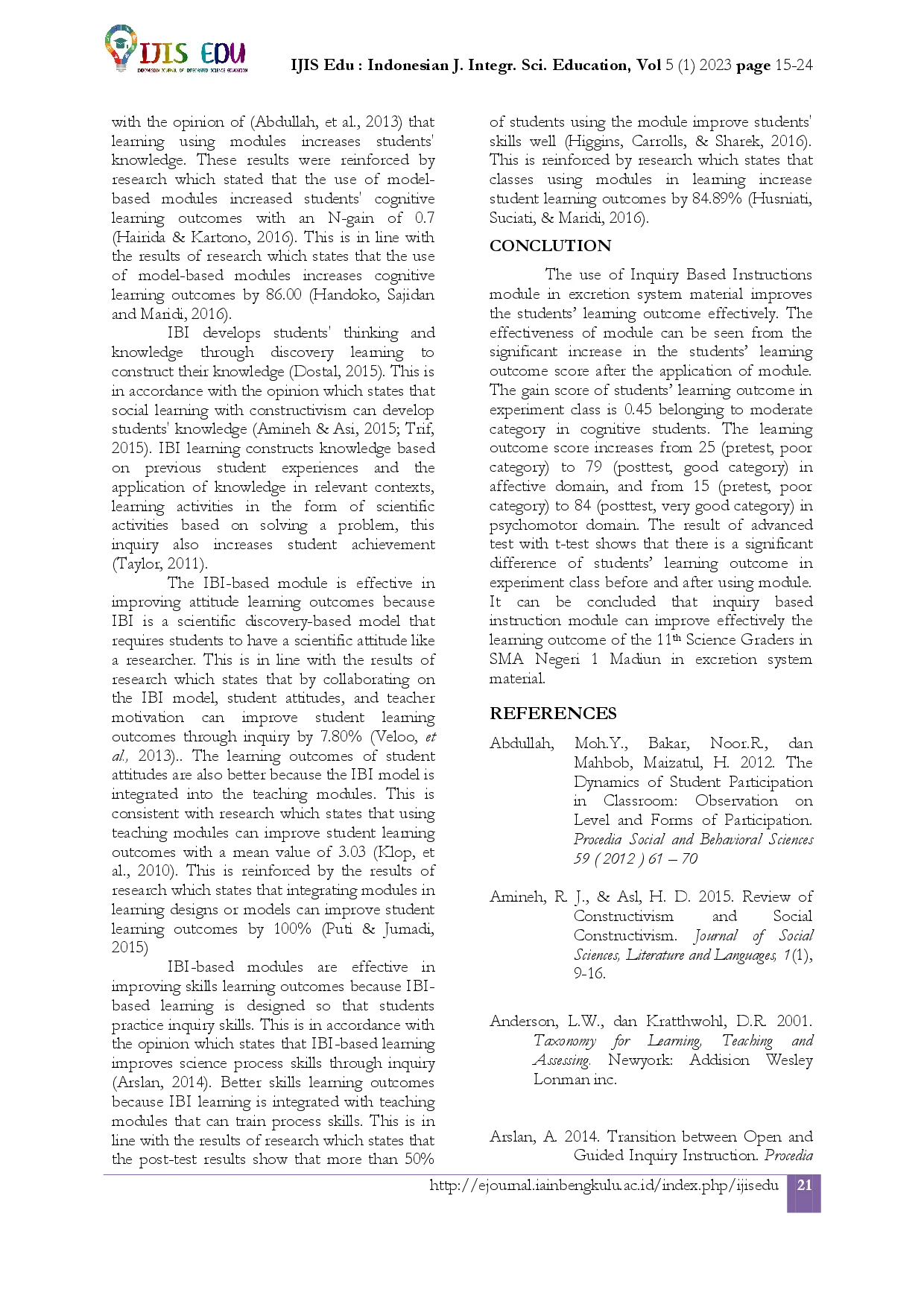 juris The Effectiveness of Inquiry Based Instructions Module on Excretory System Material to Improve Student Learning Outcomes in 11th Grade Science Senior High School