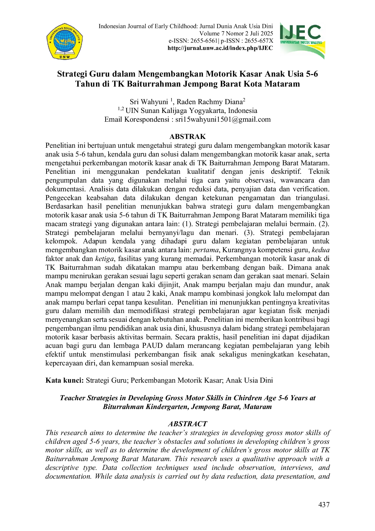 JURIS Strategi Guru dalam Mengembangkan Motorik Kasar Anak Usia 5 6 Tahun di TK Baiturrahman Jempong Barat Kota Mataram Teacher Strategies in Developing Gross Motor Skills in Chirdren Age 5 6 Years at Bitu