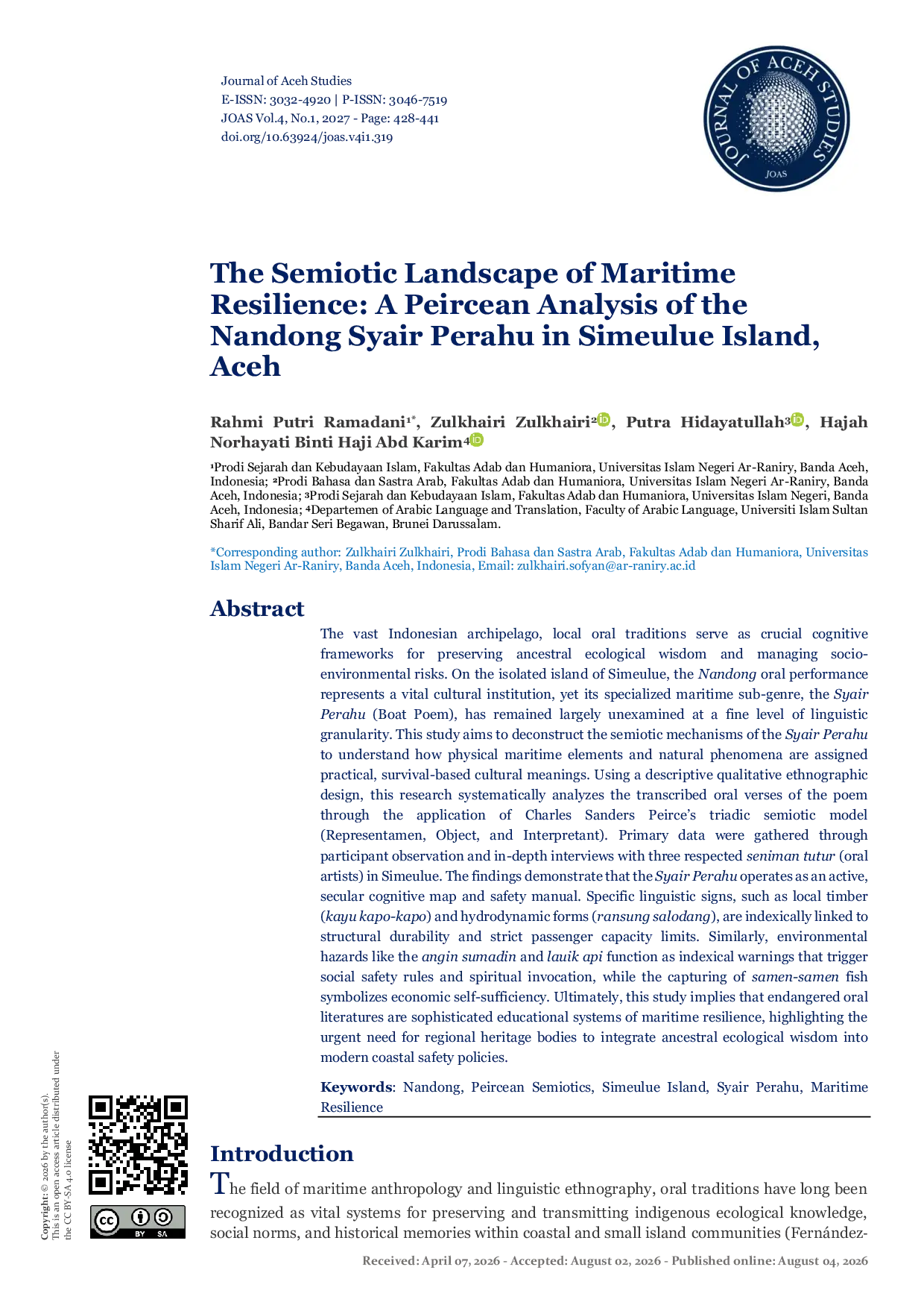 JURIS The Semiotic Landscape of Maritime Resilience A Peircean Analysis of the Nandong Syair Perahu in Simeulue Island Aceh
