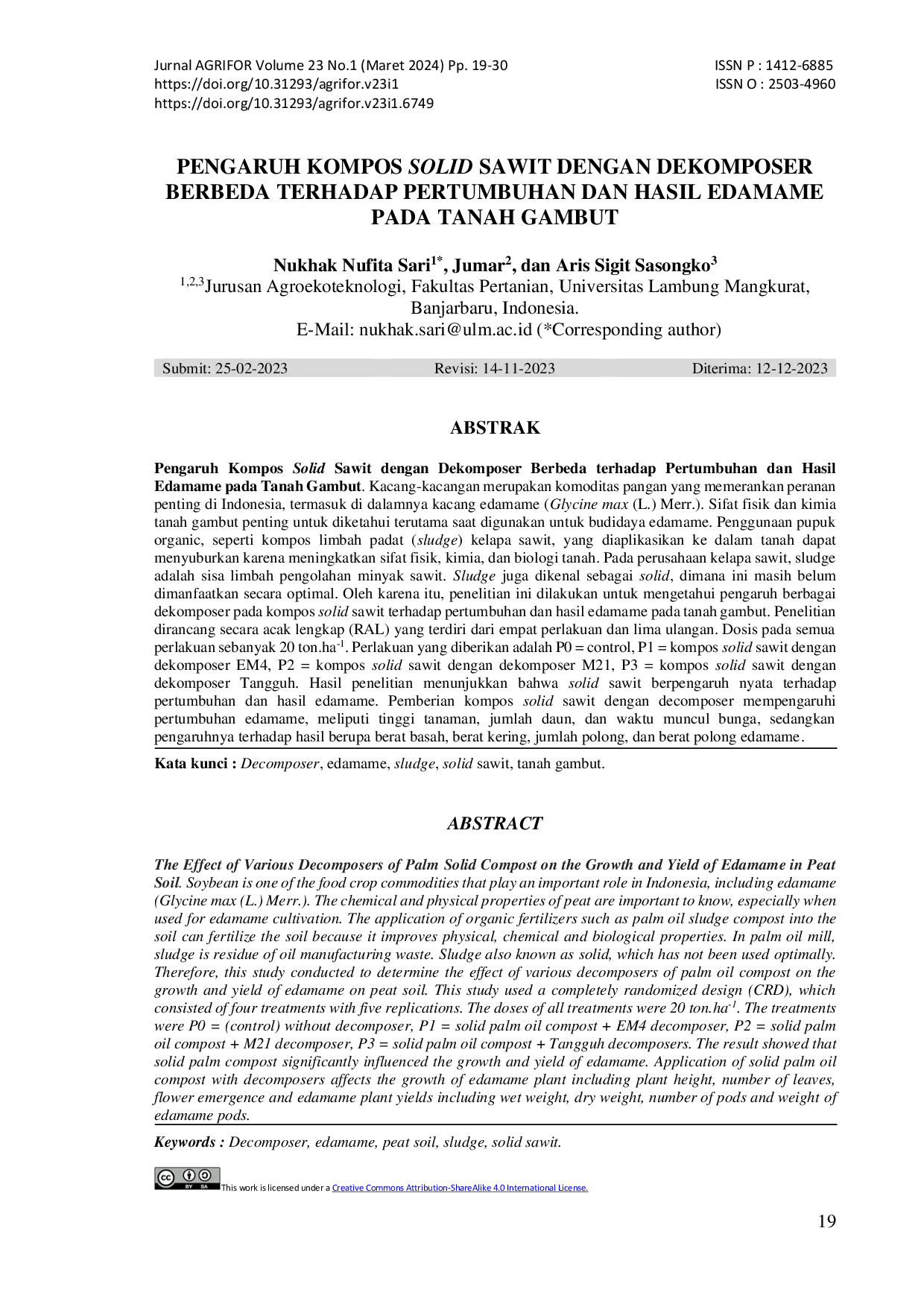 JURIS Pengaruh Kompos Solid Sawit Dengan Dekomposer Berbeda Terhadap Pertumbuhan Dan Hasil Edamame Pada Tanah Gambut