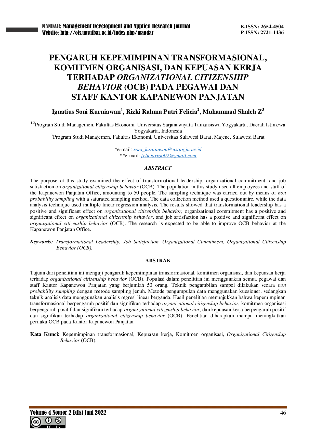 JURIS Pengaruh Kepemimpinan Transformasional Komitmen Organisasi dan Kepuasan Kerja Terhadap Organizational Citizenship Behavior OCB pada Pegawai dan Staff Kantor Kapanewon Panjatan