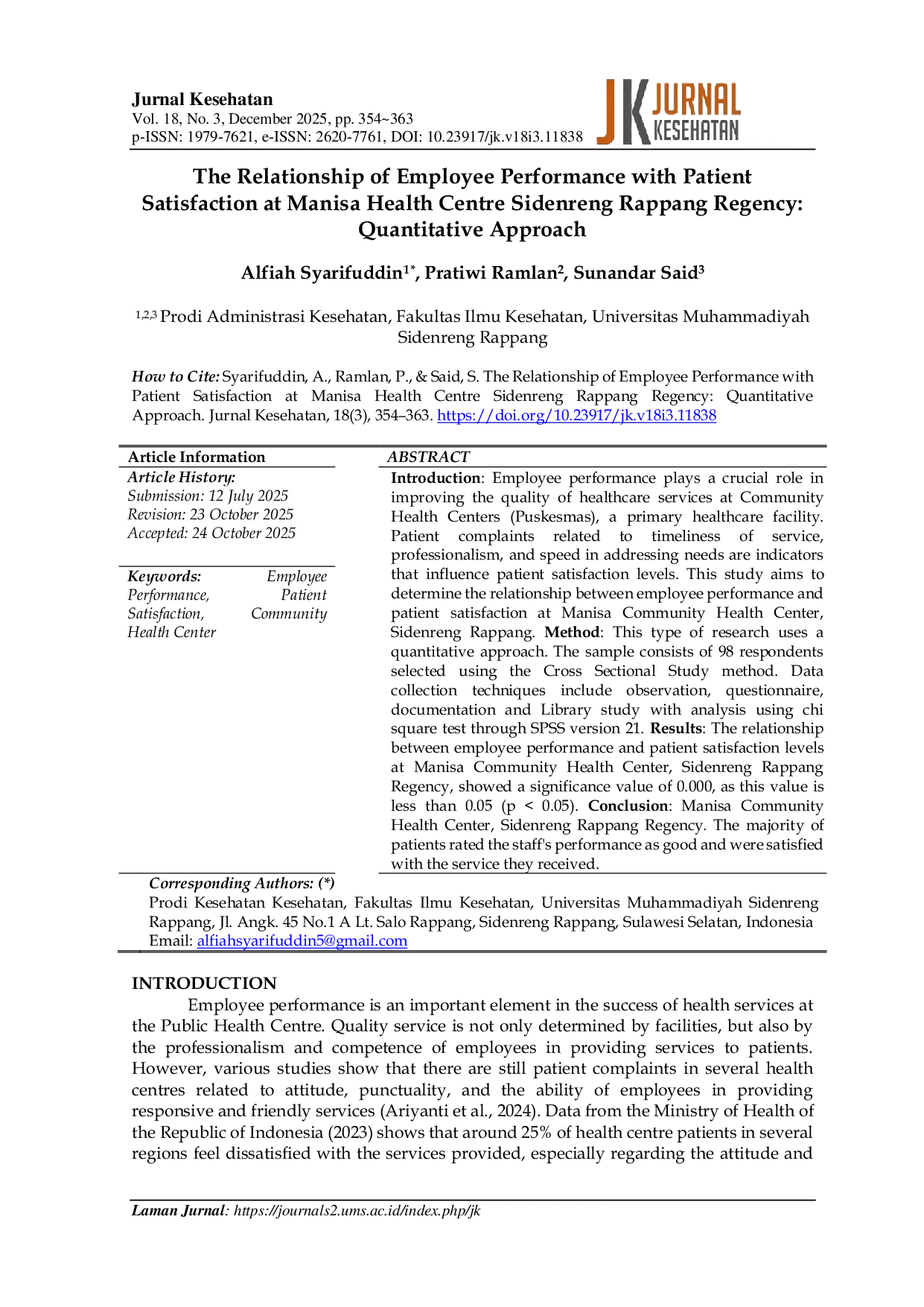 JURIS The Relationship of Employee Performance with Patient Satisfaction at Manisa Health Centre Sidenreng Rappang Regency Quantitative Approach