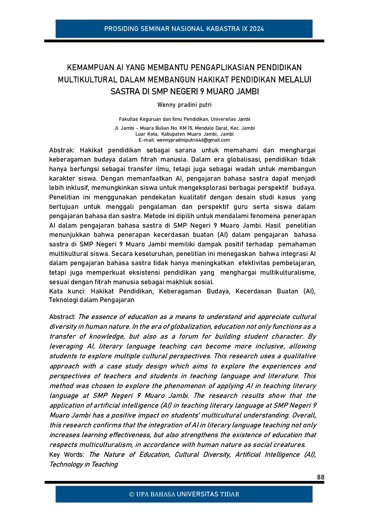 juris Kemampuan AI yang Membantu Pengaplikasian Pendidikan Multikultural dalam Membangun Hakikat Pendidikan Melalui Sastra di SMP Negeri 9 Muaro Jambi