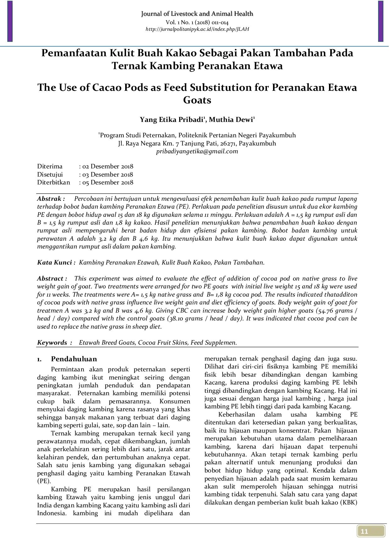 JURIS Pemanfaatan Kulit Buah Kakao Sebagai Pakan Tambahan Pada Ternak Kambing Peranakan Etawa