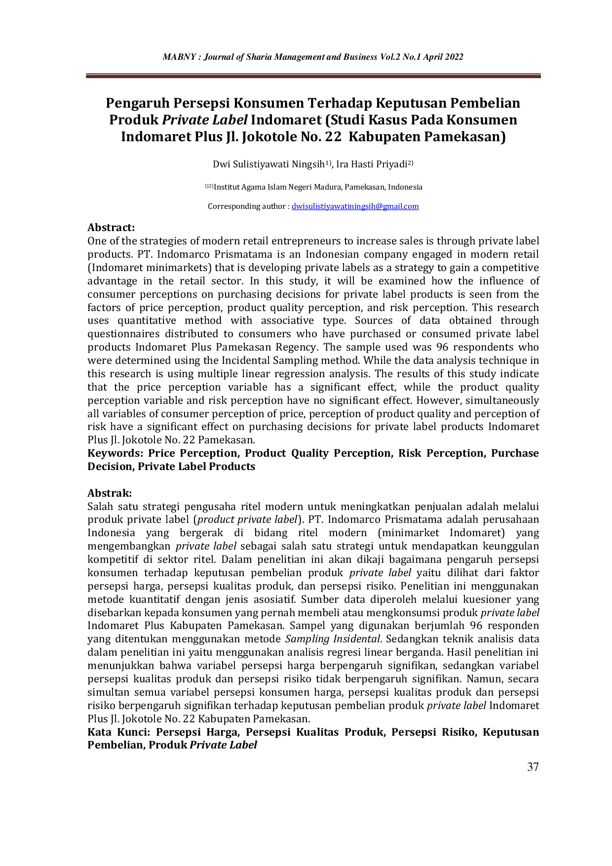 JURIS Persepsi Konsumen Terhadap Keputusan Pembelian Produk Private Label Indomaret