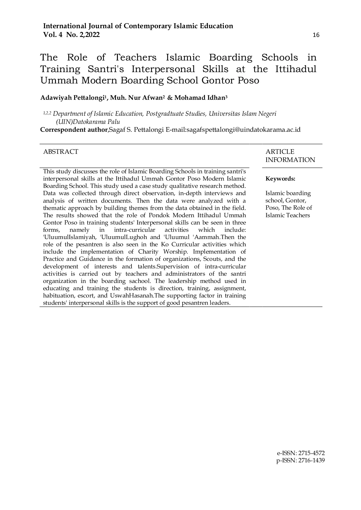 JURIS The Role of Teachers Islamic Boarding Schools in Training Santri s Interpersonal Skills at the Ittihadul Ummah Modern Boarding School Gontor Poso
