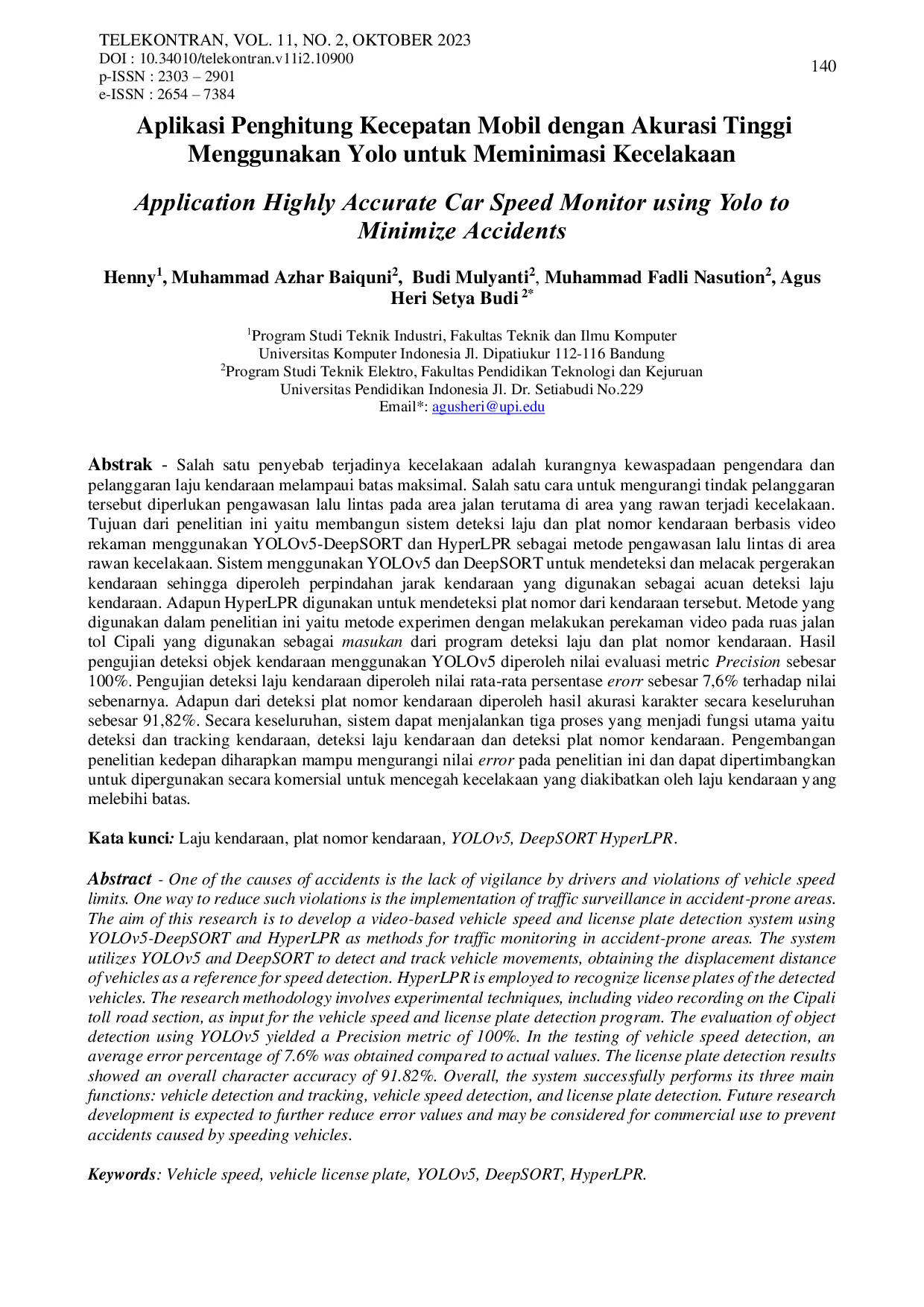 JURIS Aplikasi Penghitung Kecepatan Mobil dengan Akurasi Tinggi Menggunakan Yolo untuk Meminimasi Kecelakaan