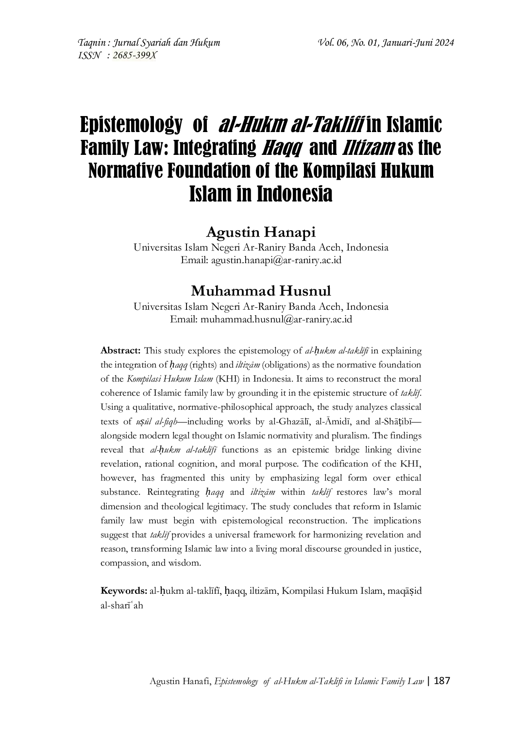 JURIS Epistemology of al Hukm al Taklifi in Islamic Family Law Integrating Haqq and Iltizam as the Normative Foundation of the Kompilasi Hukum Islam in Indonesia