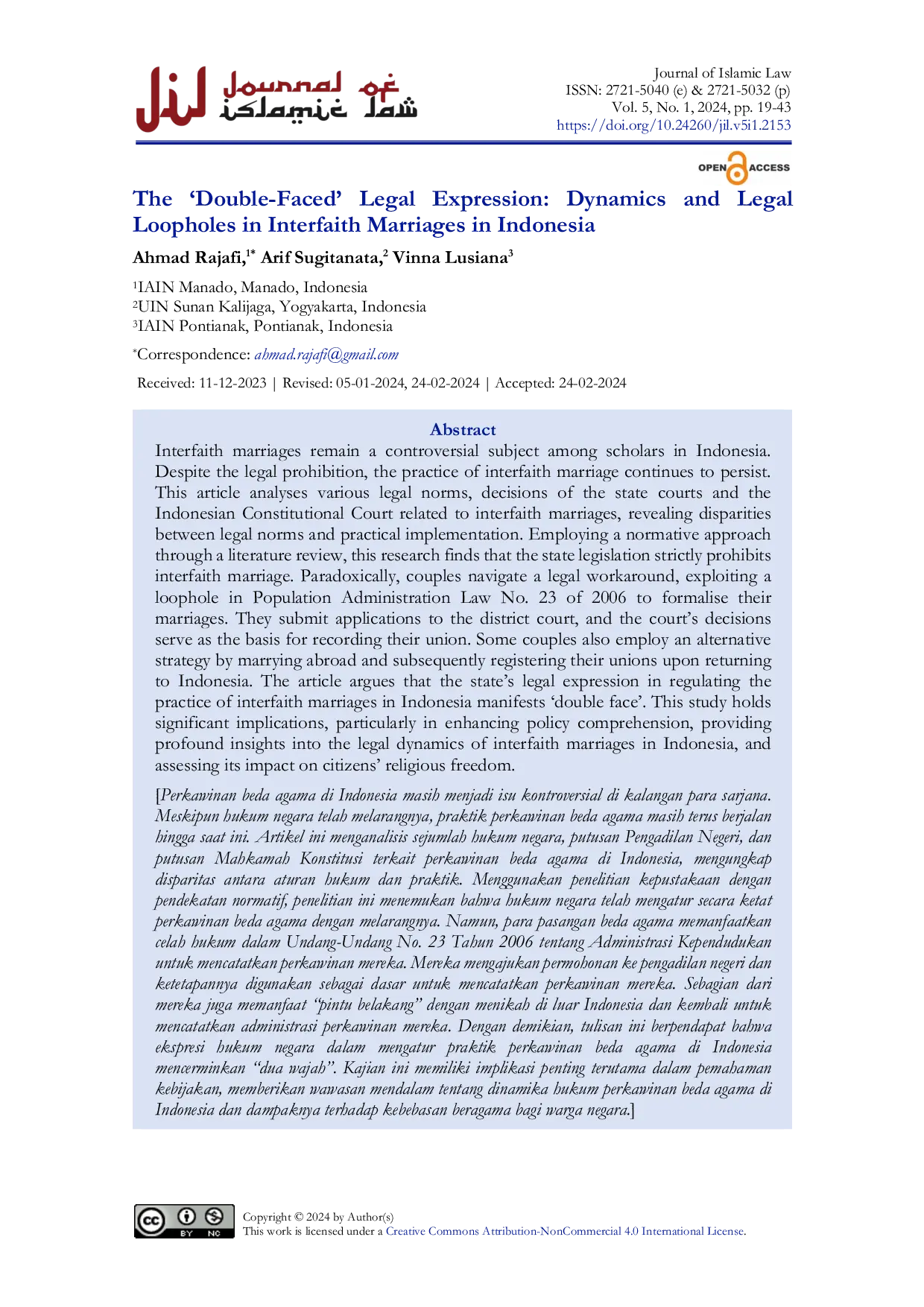 JURIS The Double Faced Legal Expression Dynamics and Legal Loopholes in Interfaith Marriages in Indonesia