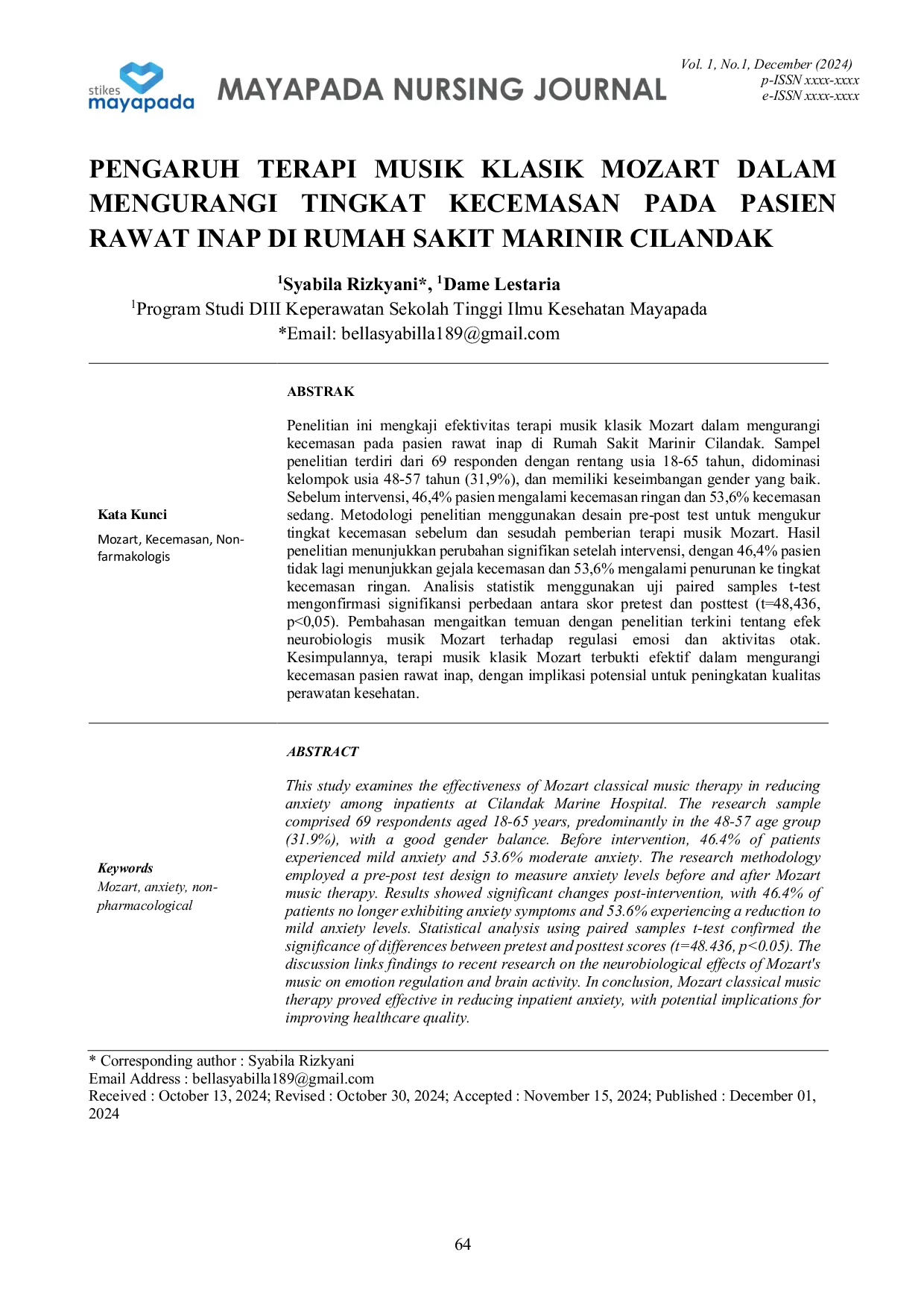 JURIS Pengaruh Terapi Musik Klasik Mozart Dalam Mengurangi Tingkat Kecemasan Pada Pasien Rawat Inap Di Rumah Sakit Marinir Cilandak