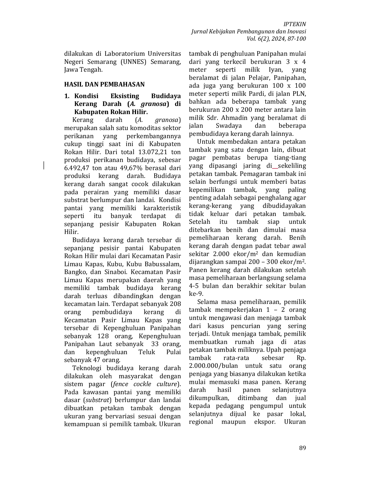 JURIS Analisis Lingkungan Perairan Pada Kawasan Budidaya Kerang Darah Anadara Granosa Di Kabupaten Rokan Hilir Provinsi Riau