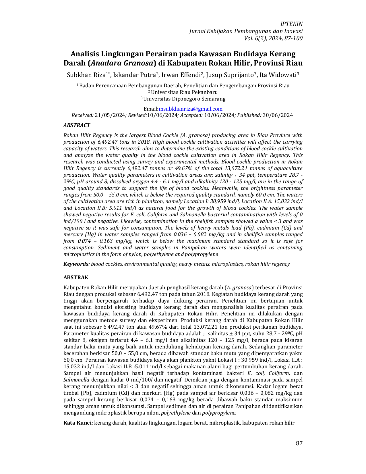 JURIS Analisis Lingkungan Perairan Pada Kawasan Budidaya Kerang Darah Anadara Granosa Di Kabupaten Rokan Hilir Provinsi Riau