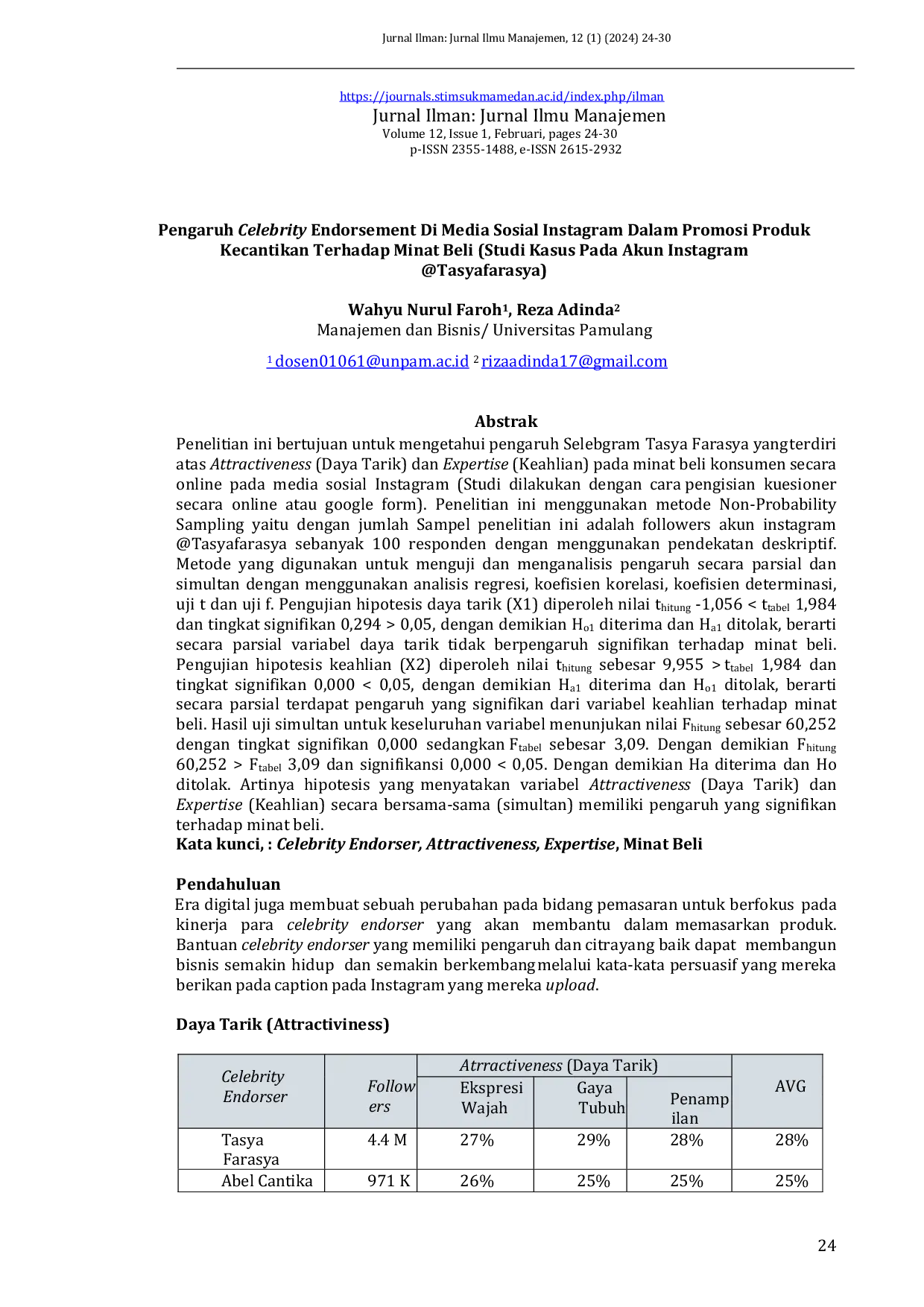JURIS Pengaruh Celebrity Endorsement Di Media Sosial Instagram Dalam Promosi Produk Kecantikan Terhadap Minat Beli Studi Kasus Pada Akun Instagram Tasyafarasya