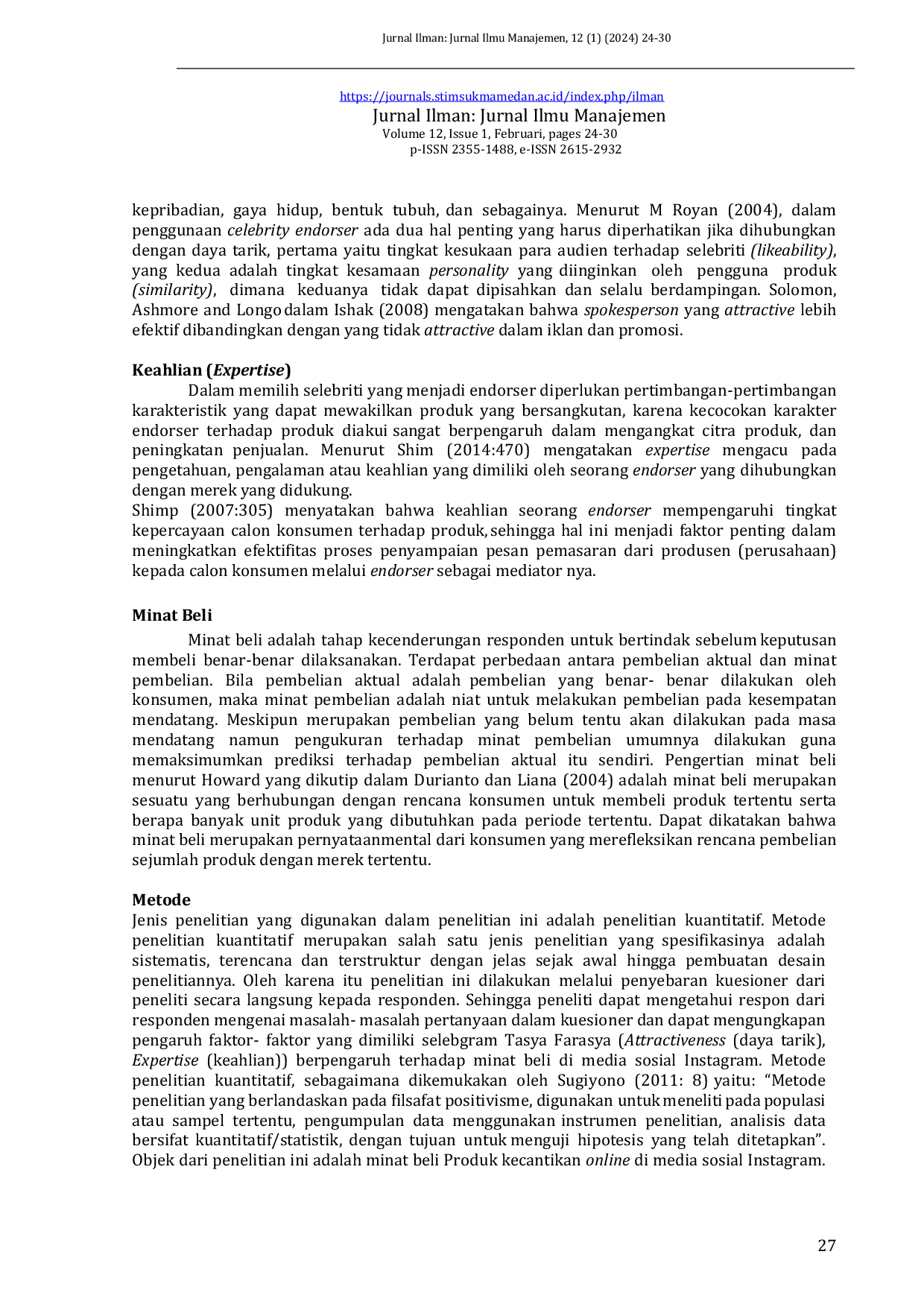 JURIS Pengaruh Celebrity Endorsement Di Media Sosial Instagram Dalam Promosi Produk Kecantikan Terhadap Minat Beli Studi Kasus Pada Akun Instagram Tasyafarasya