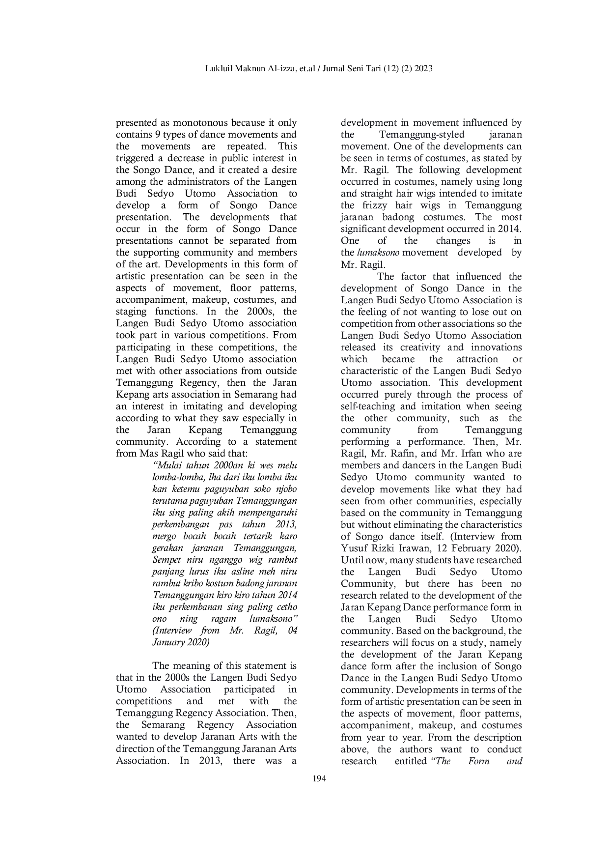 JURIS The Form and Development of Jaran Kepang Dance in the Langen Budi Sedyo Utomo Association from 1996 2018