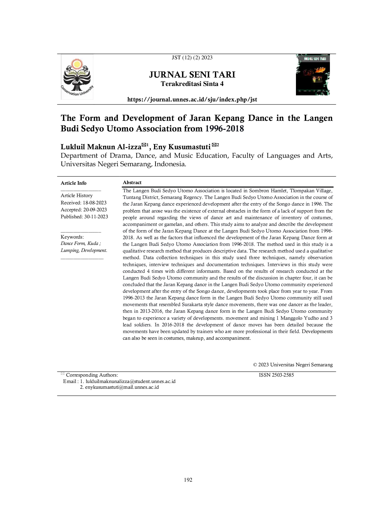 JURIS The Form and Development of Jaran Kepang Dance in the Langen Budi Sedyo Utomo Association from 1996 2018