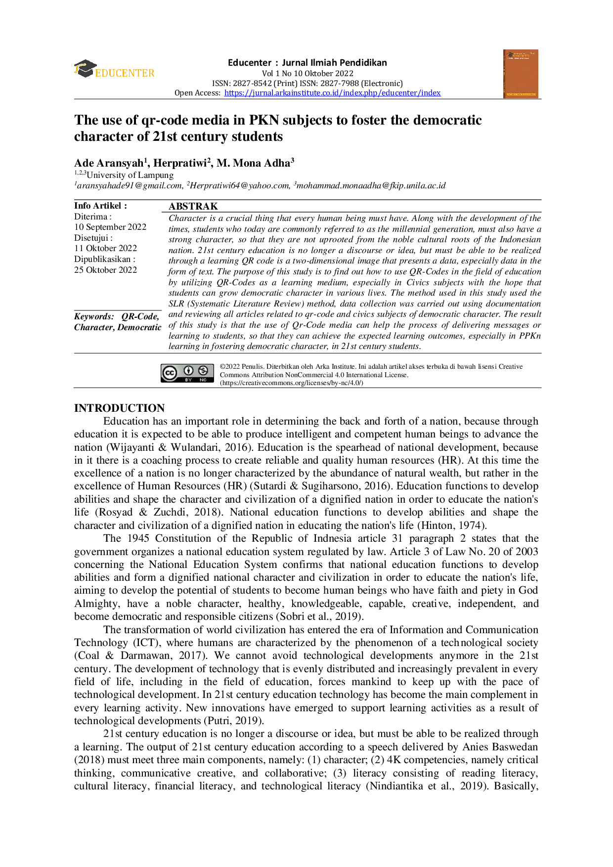 JURIS The use of qr code media in PKN subjects to foster the democratic character of 21st century students