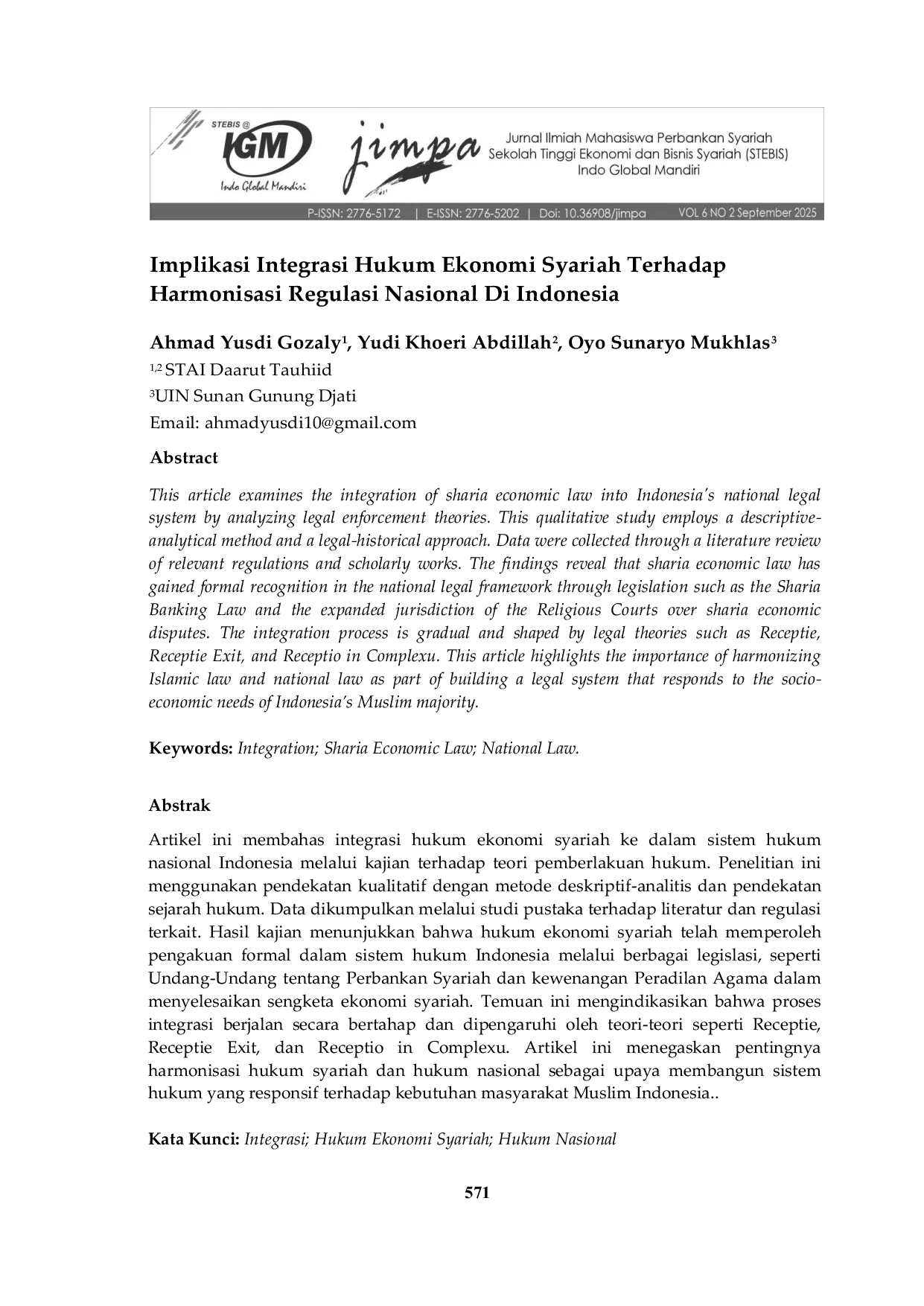 JURIS Implikasi Integrasi Hukum Ekonomi Syariah Terhadap Harmonisasi Regulasi Nasional Di Indonesia