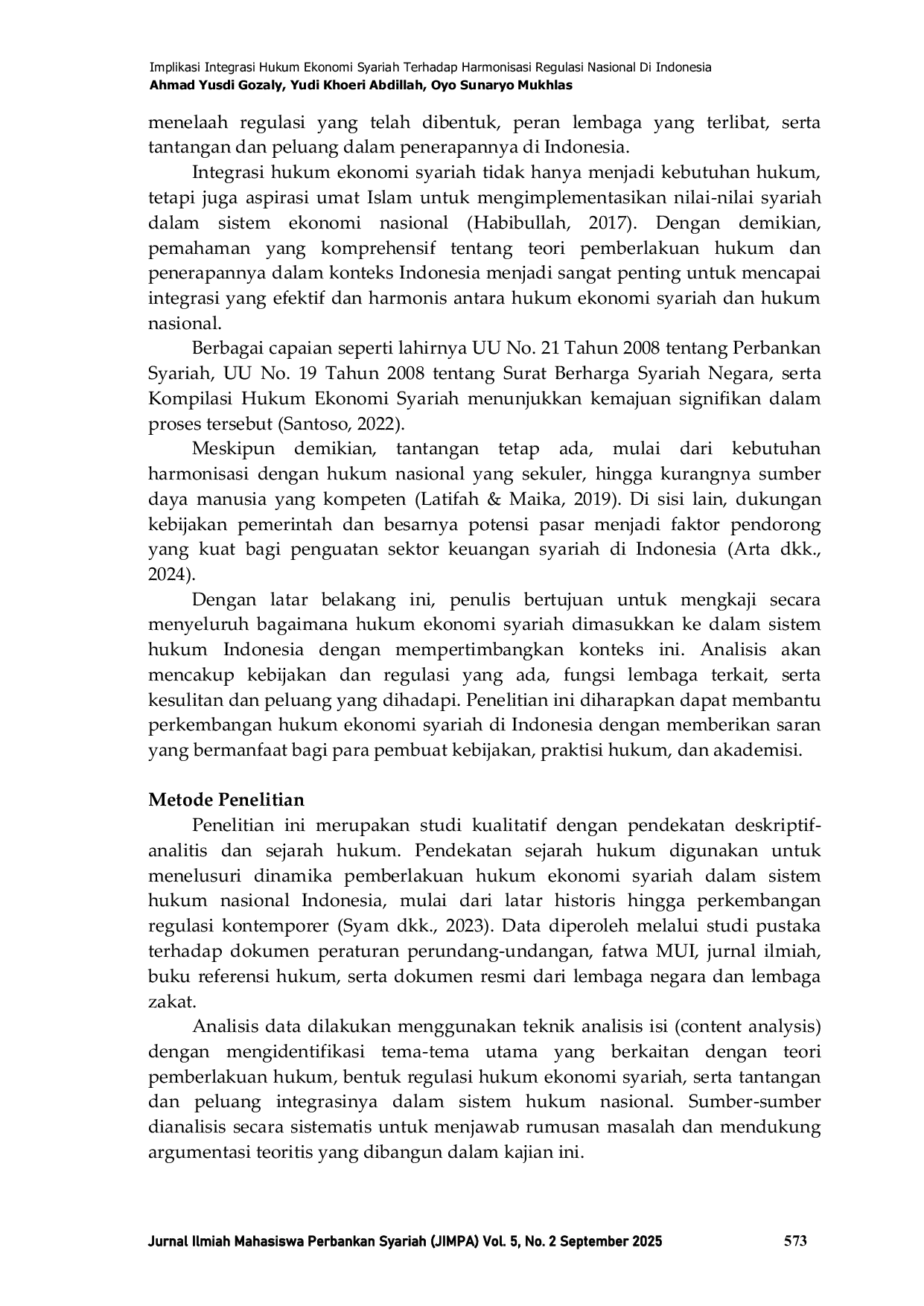 JURIS Implikasi Integrasi Hukum Ekonomi Syariah Terhadap Harmonisasi Regulasi Nasional Di Indonesia