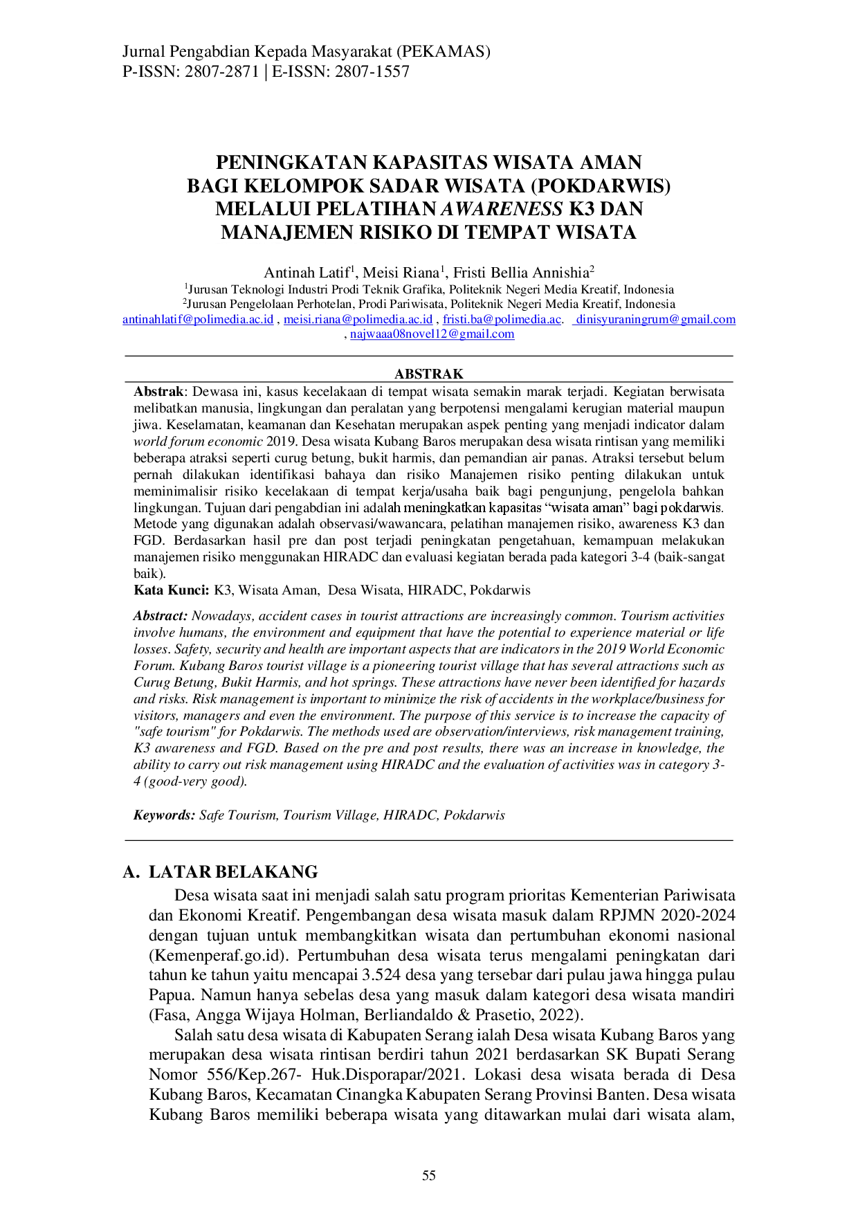 juris Peningkatan Kapasitas Wisata Aman Bagi Kelompok Sadar Wisata Pokdarwis Melalui Pelatihan Awareness K3 dan Manajemen Risiko di Tempat Wisata