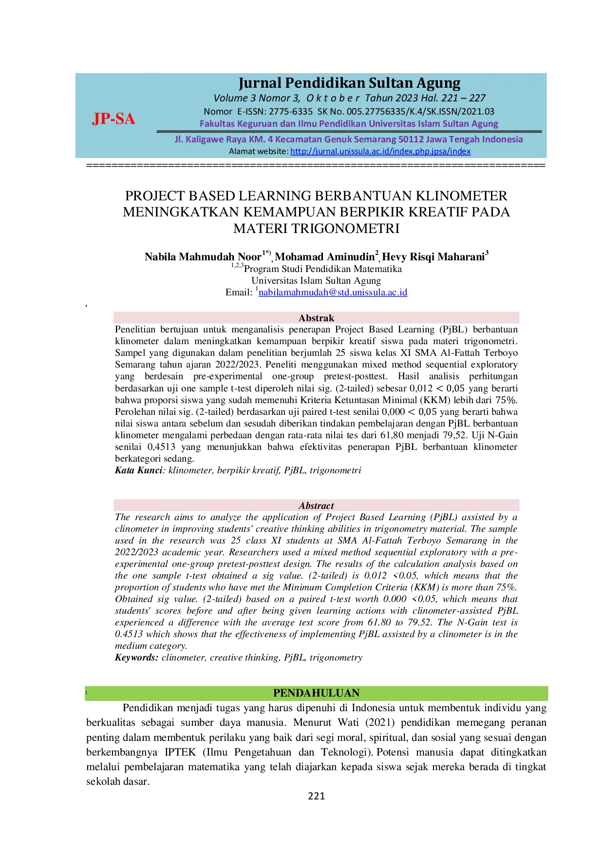 JURIS Penerapan Project Based Learning Berbantuan Klinometer Meningkatkan Kemampuan Berpikir Kreatif Materi Trigonometri