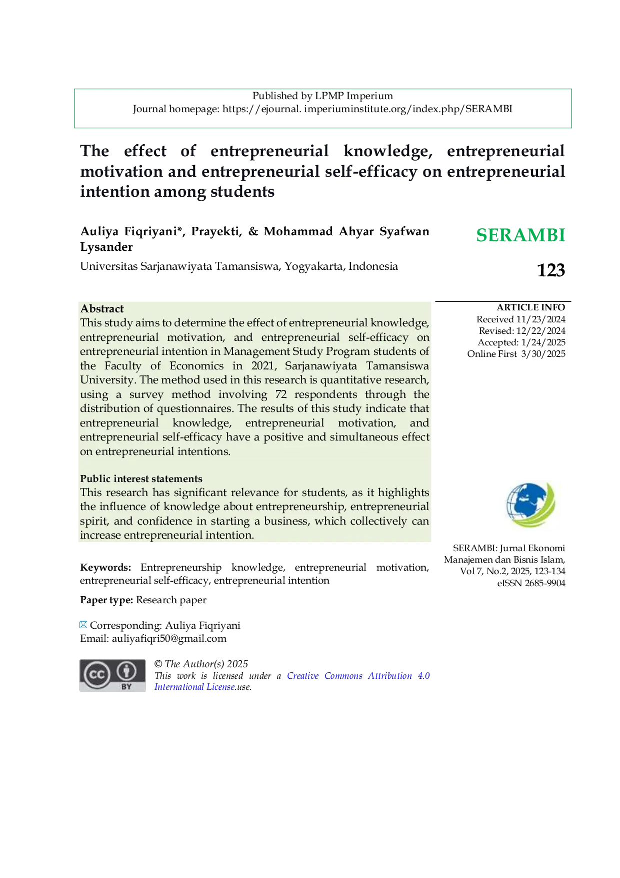 JURIS The effect of entrepreneurial knowledge entrepreneurial motivation and entrepreneurial self efficacy on entrepreneurial intention among students