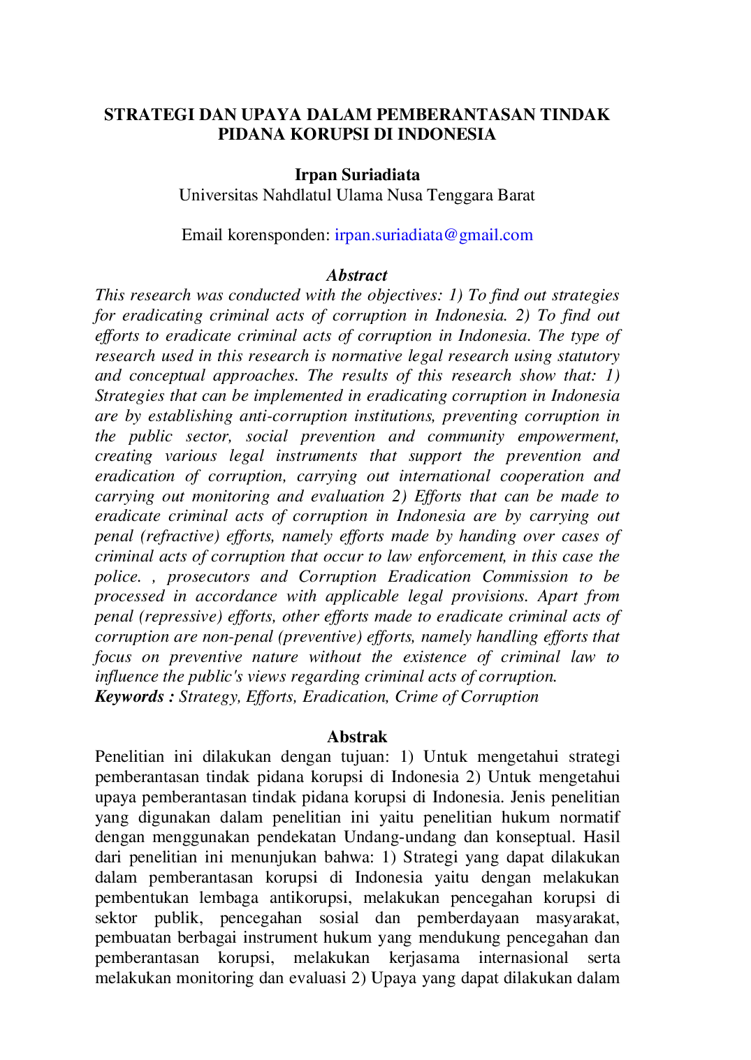 juris Strategi Dan Upaya Dalam Pemberantasan Tindak Pidana Korupsi Di Indonesia
