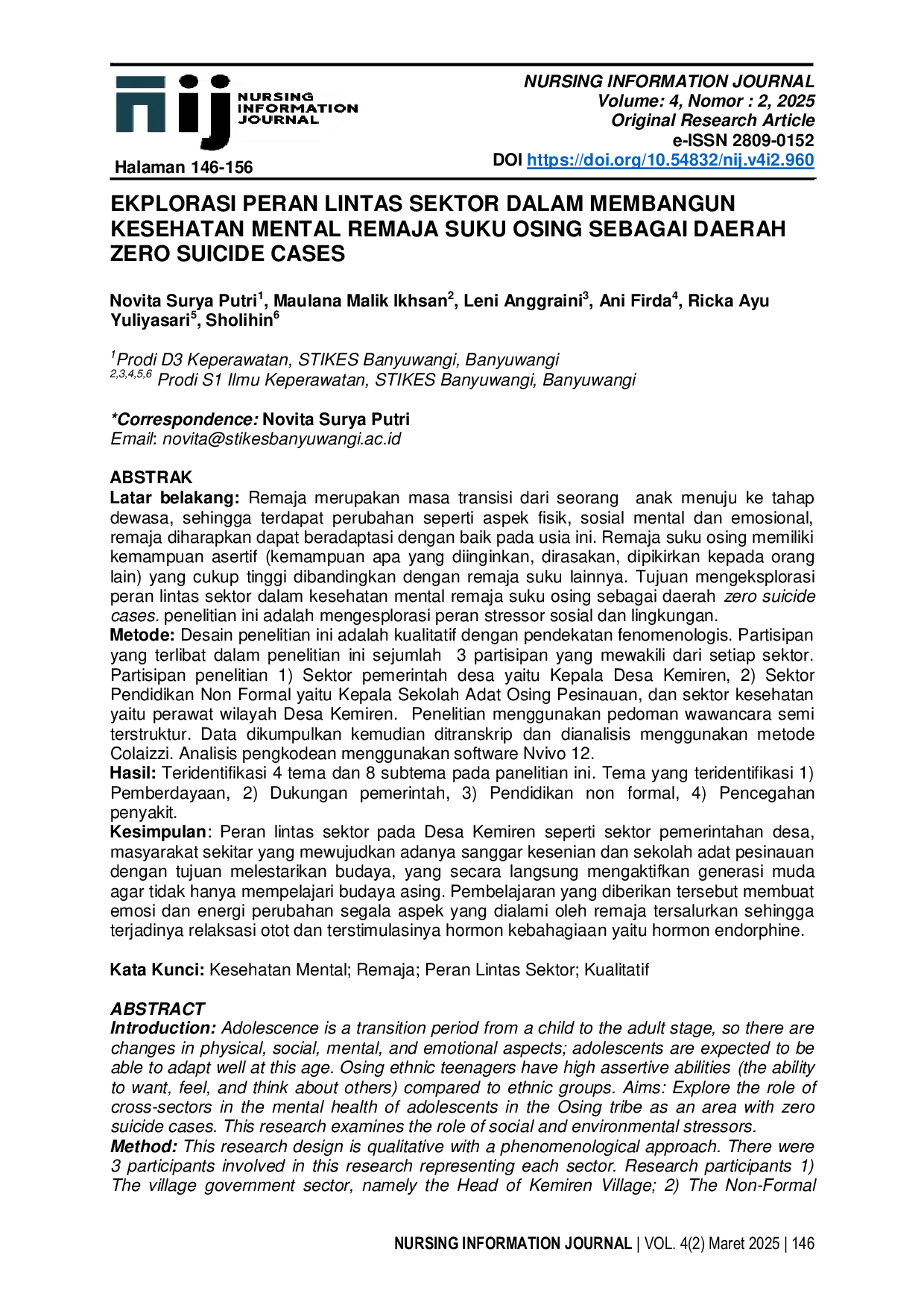 JURIS Ekplorasi Peran Lintas Sektor dalam Membangun Kesehatan Mental Remaja Suku Osing sebagai Daerah Zero Suicide Cases