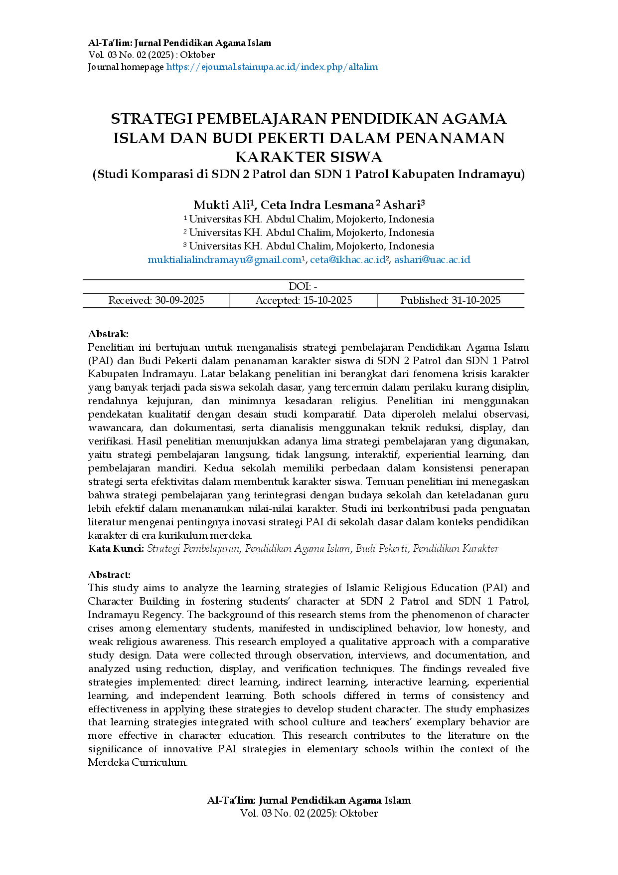 juris STRATEGI PEMBELAJARAN PENDIDIKAN AGAMA ISLAM DAN BUDI PEKERTI DALAM PENANAMANKARAKTER SISWA Studi Komparasi Di SDN 2 Patrol dan SDN 1 Patrol Kabupaten Indramayu