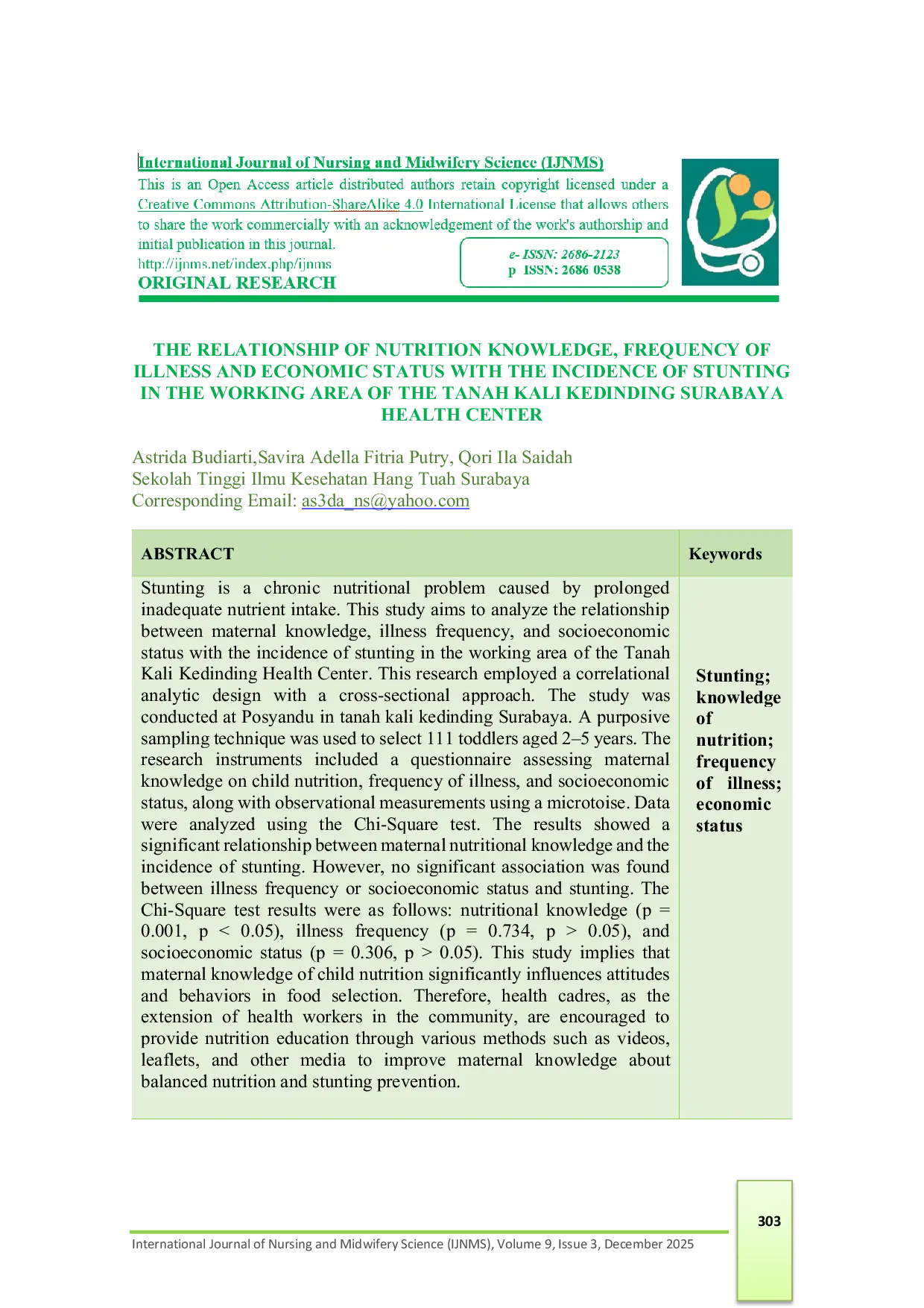 JURIS The Relationship of Nutrition Knowledge Frequency of Illness and Economic Status with the Incidence of Stunting in the Working Area of the Tanah Kali Kedinding Surabaya Health Center