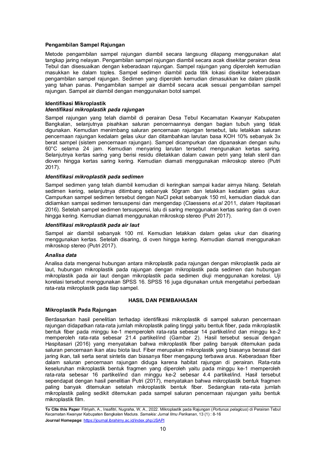 JURIS Mikroplastik Pada Rajungan Portunus Pelagicus Di Perairan Tebul Kecamatan Kwanyar Kabupaten Bangkalan Madura