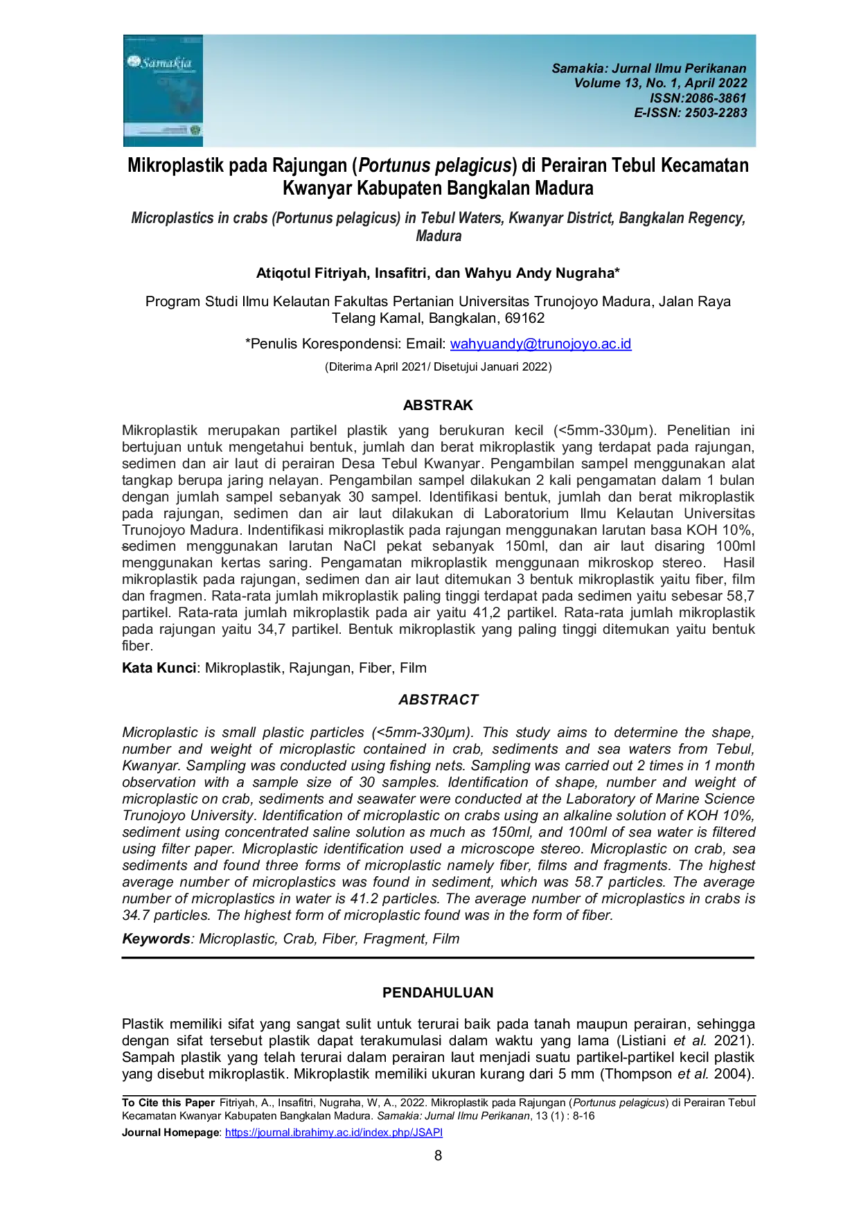 JURIS Mikroplastik Pada Rajungan Portunus Pelagicus Di Perairan Tebul Kecamatan Kwanyar Kabupaten Bangkalan Madura