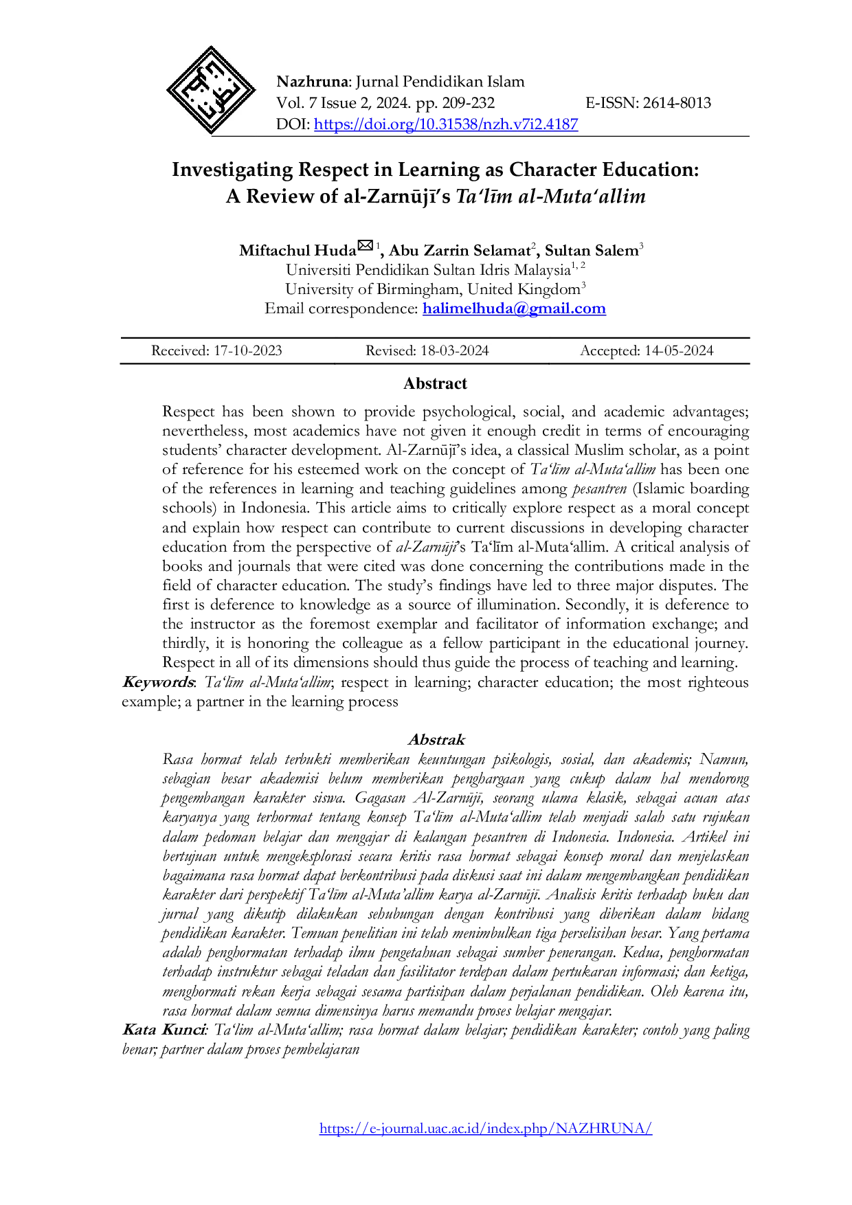 JURIS Investigating Respect in Learning as Character Education A Review of al Zarnj s Ta lm al Muta allim