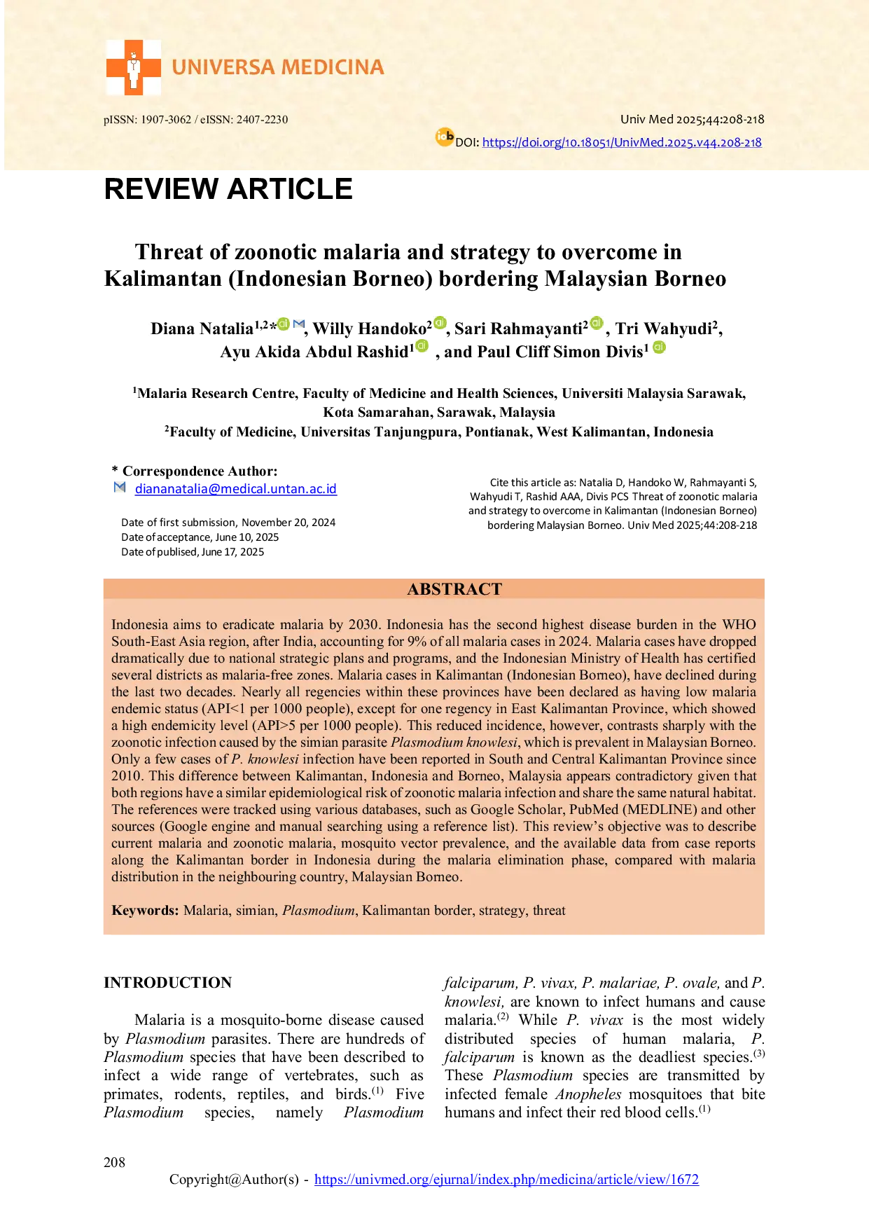 JURIS Threat Of Zoonotic Malaria And Strategy To Overcome In Kalimantan Indonesian Borneo Bordering Malaysian Borneo