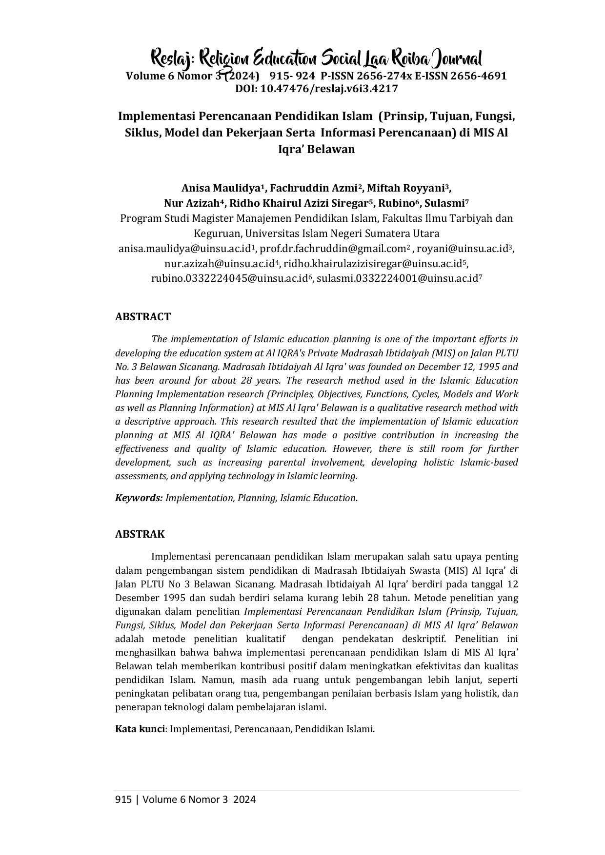 JURIS Implementasi Perencanaan Pendidikan Islam Prinsip Tujuan Fungsi Siklus Model dan Pekerjaan Serta Informasi Perencanaan Di MIS Al Iqra Belawan