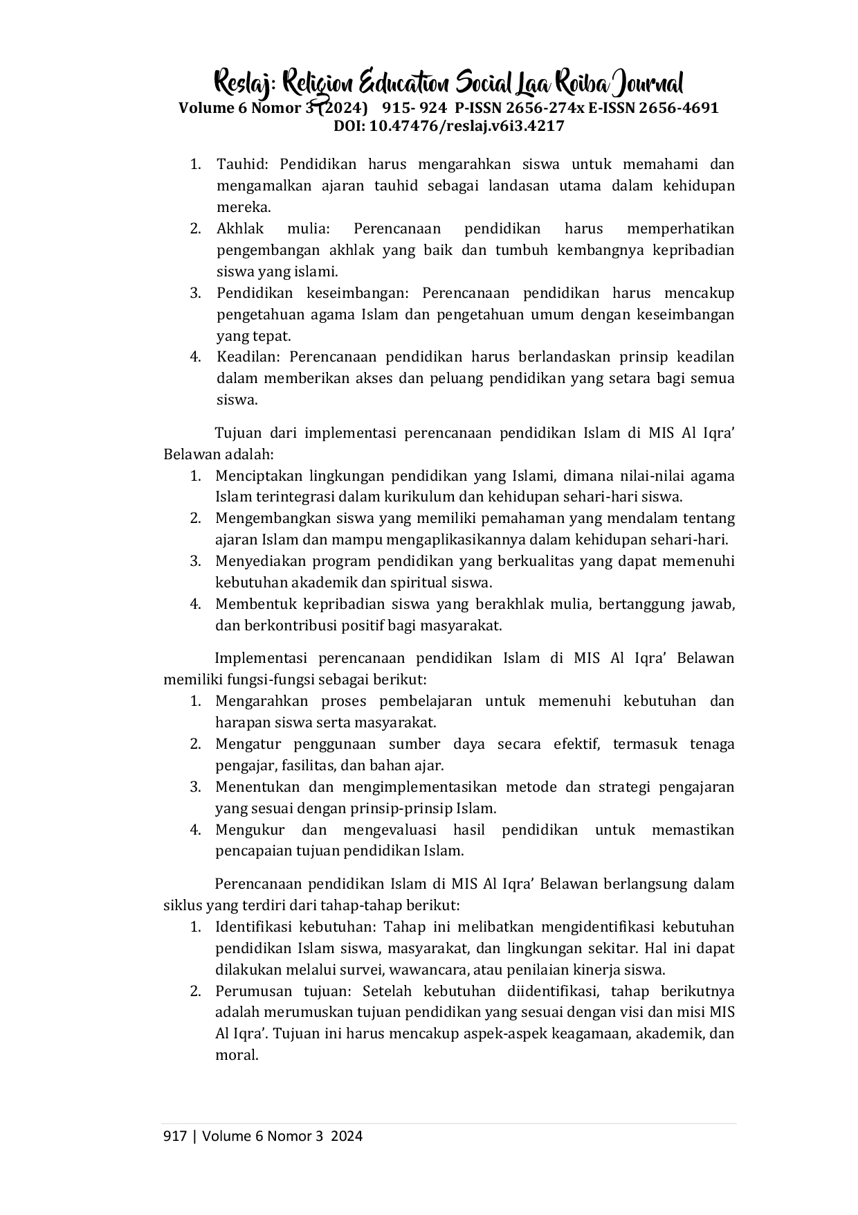 JURIS Implementasi Perencanaan Pendidikan Islam Prinsip Tujuan Fungsi Siklus Model dan Pekerjaan Serta Informasi Perencanaan Di MIS Al Iqra Belawan