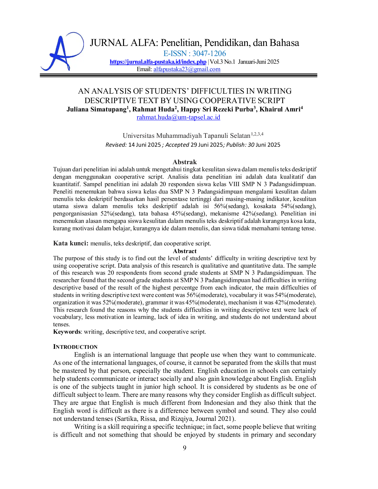JURIS An Analysis of Students Difficulties in Writing Descriptive Text by using Cooperative Script