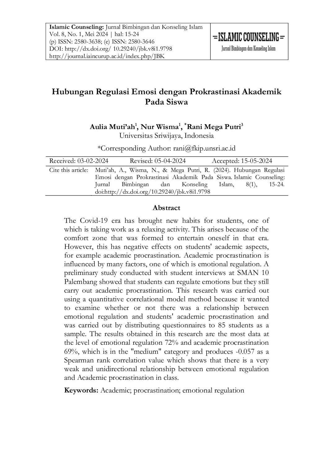 JURIS Hubungan Regulasi Emosi dengan Prokrastinasi Akademik Pada Siswa