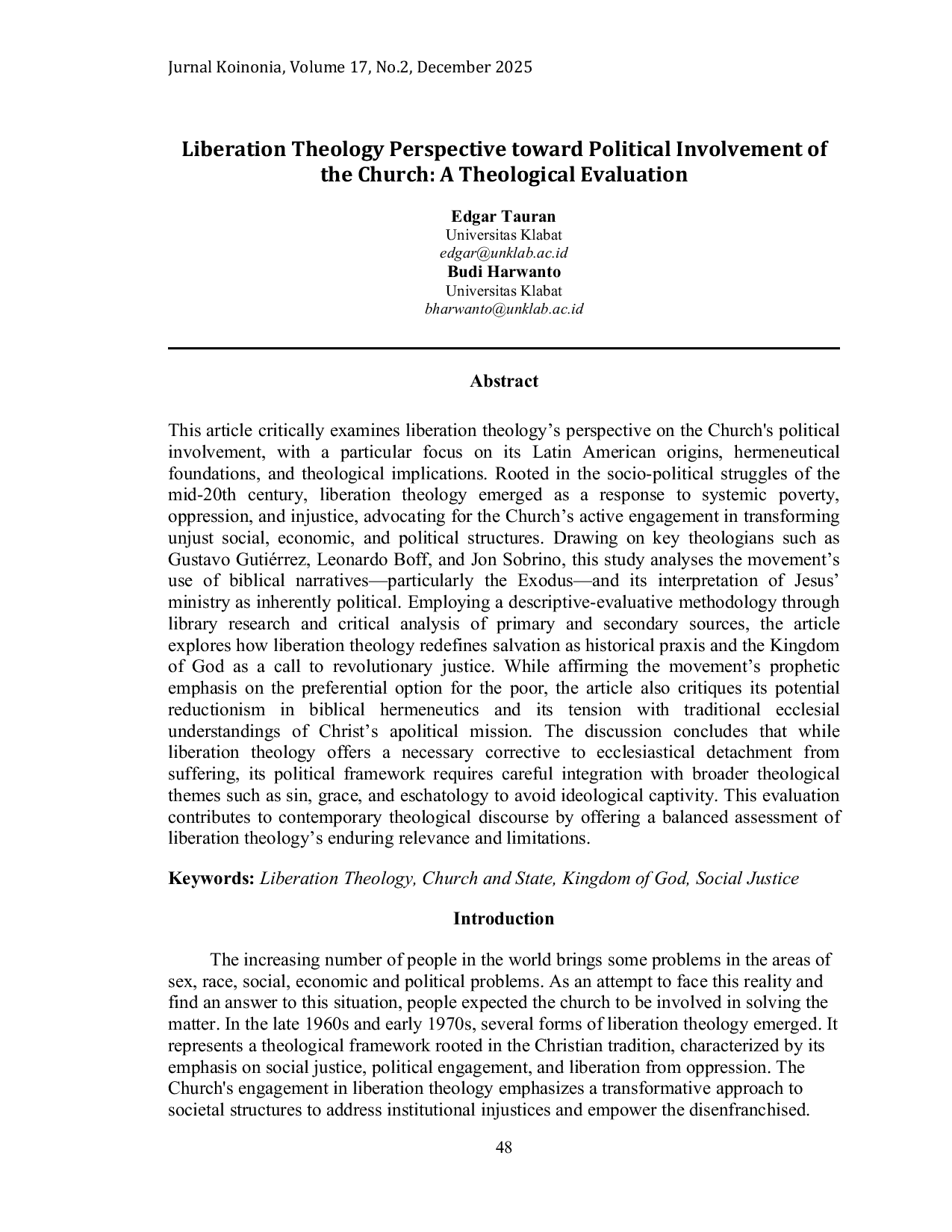 JURIS Liberation Theology Perspective toward Political Involvement of the Church A Theological Evaluation