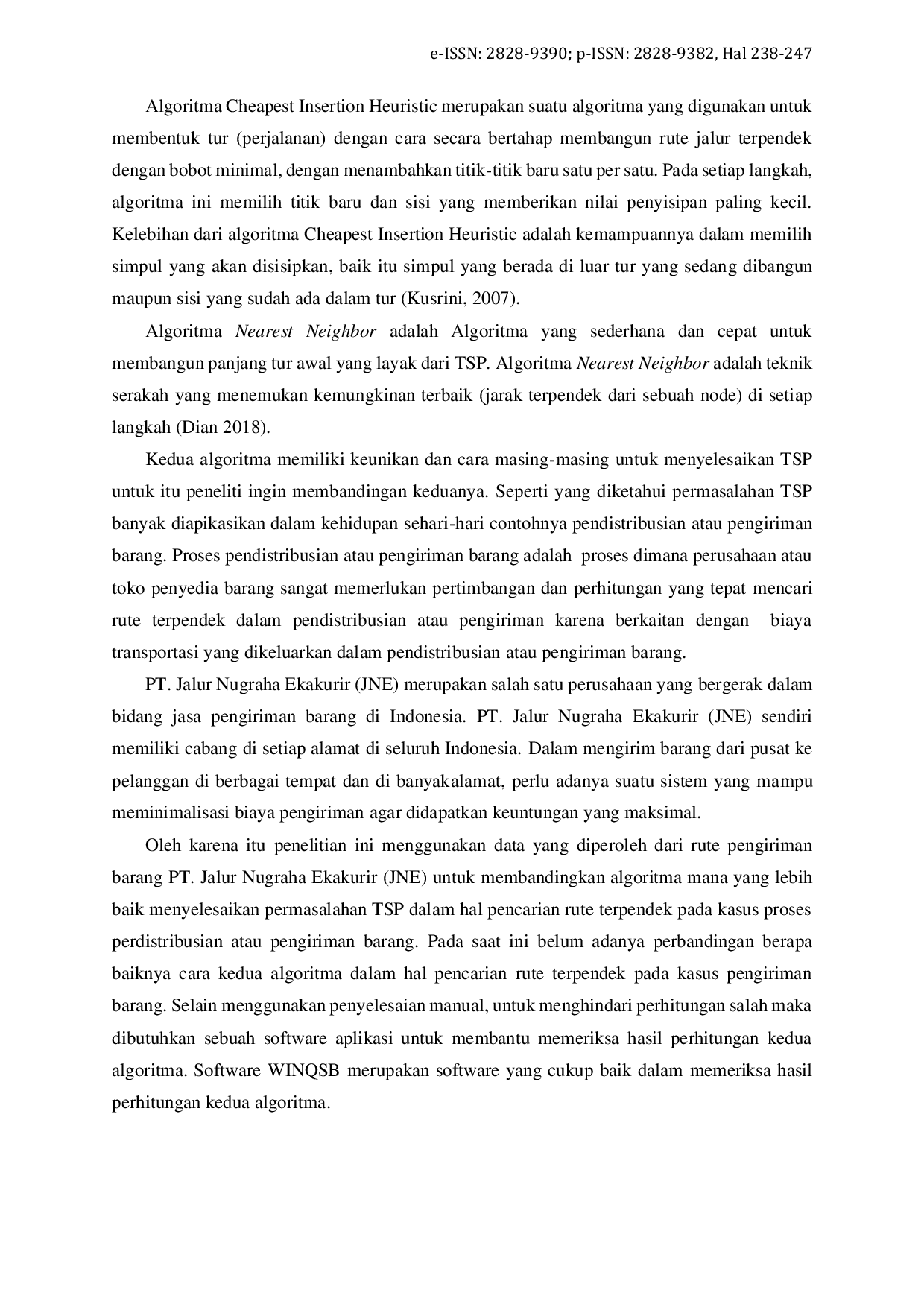 JURIS Perbandingan Algoritma Cheapest Insertion Heuristic Dan Nearest Neighbor Dalam Menyelesaikan Traveling Salesman Problem