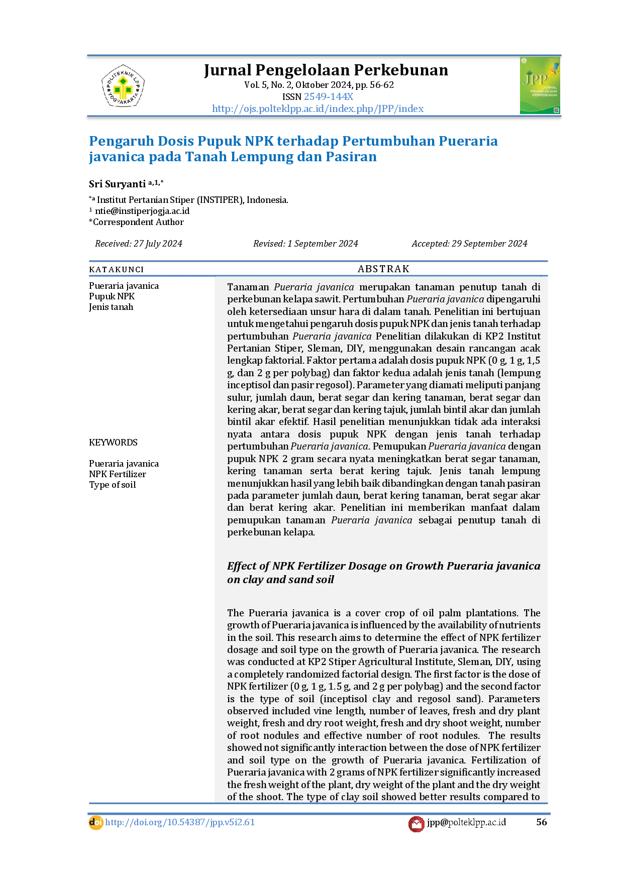 juris Pengaruh Dosis Pupuk NPK terhadap Pertumbuhan Pueraria javanica pada Tanah Lempung dan Pasiran