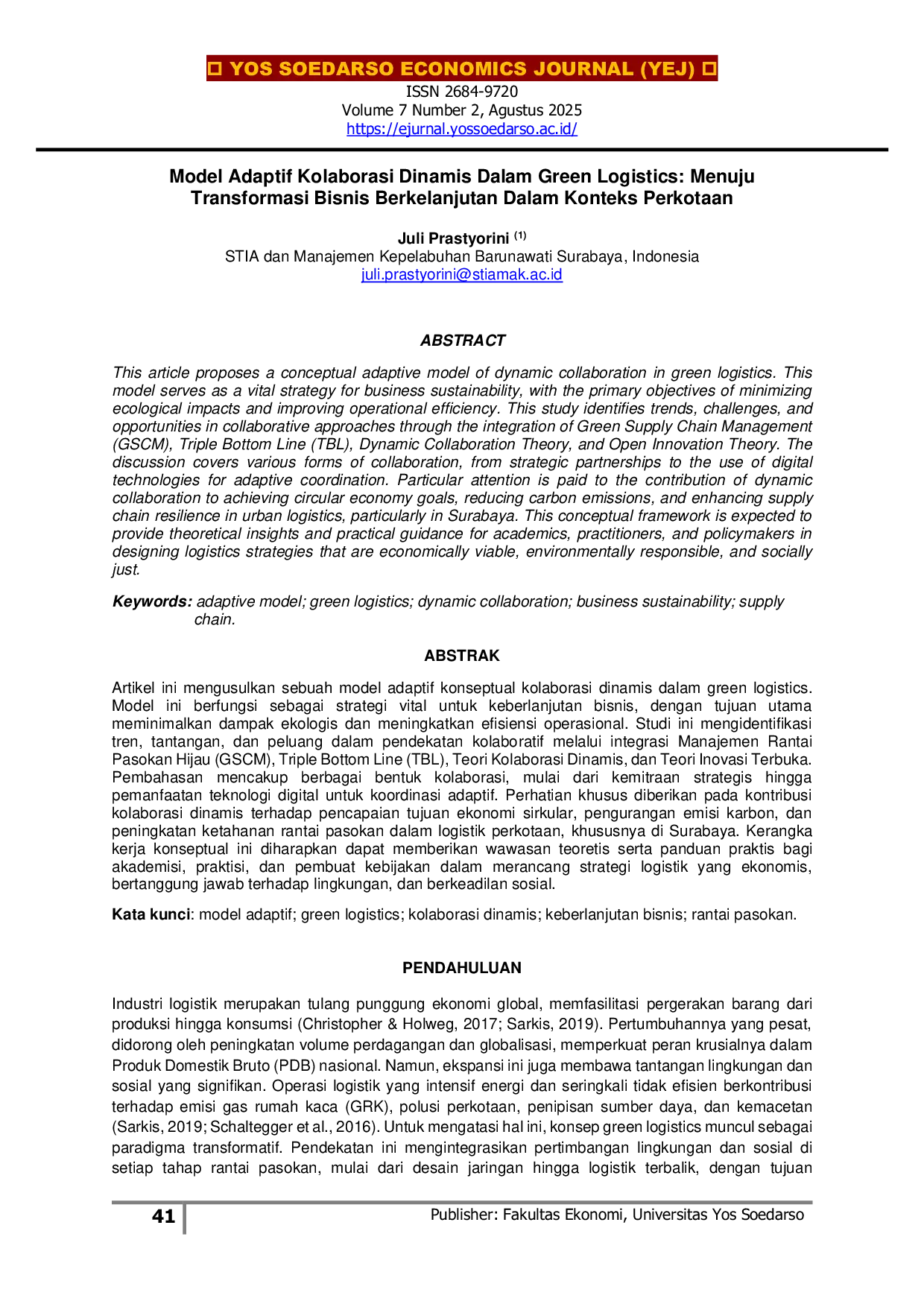 JURIS Model Adaptif Kolaborasi Dinamis Dalam Green Logistics Menuju Transformasi Bisnis Berkelanjutan Dalam Konteks Perkotaan